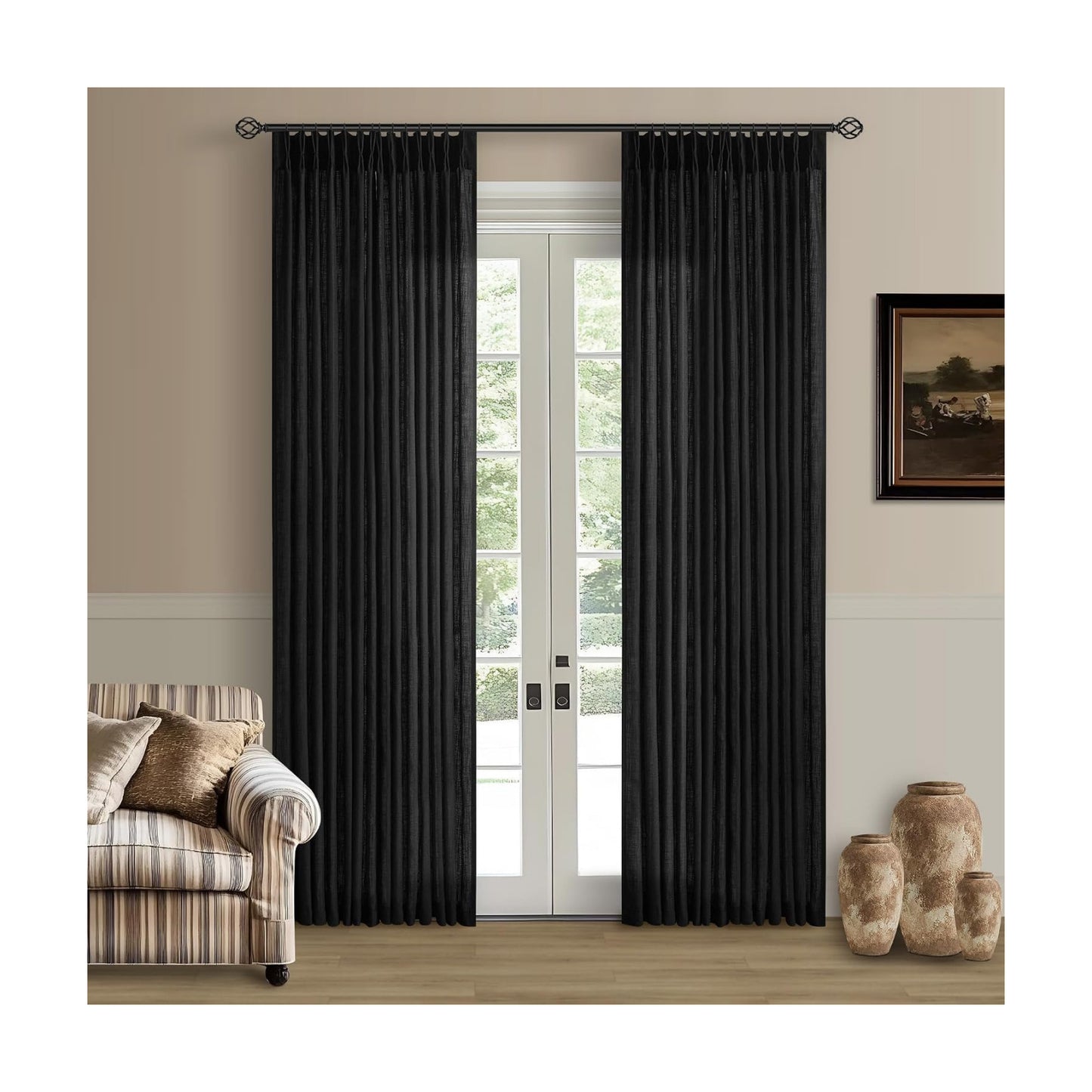 TWODRAPES Black Pinch Pleated Linen Semi Sheer 80 Inch Curtains 2 Panels