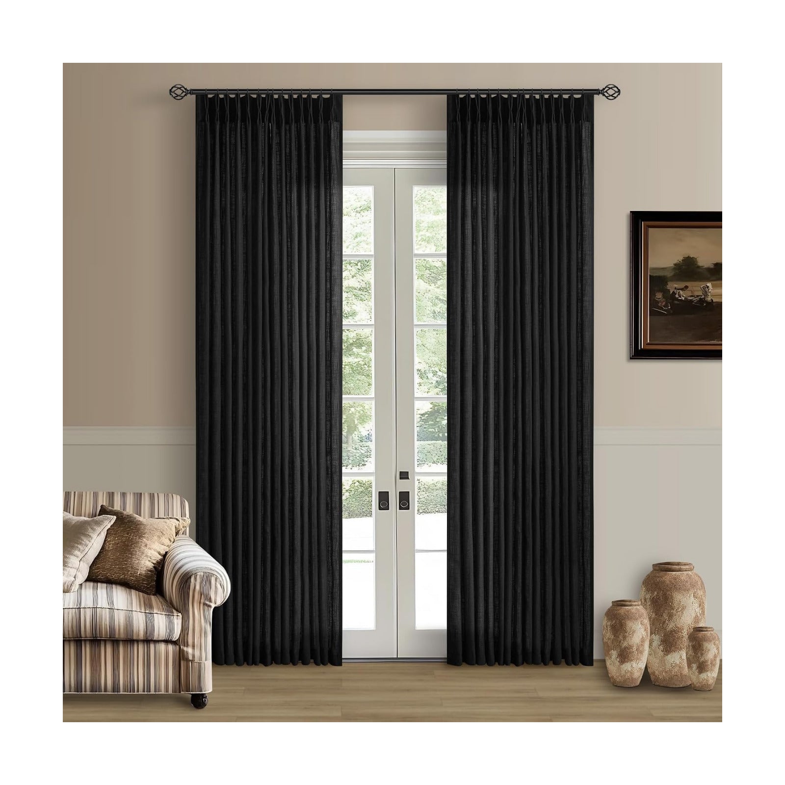TWODRAPES Black Pinch Pleated Linen Semi Sheer 80 Inch Curtains 2 Panels