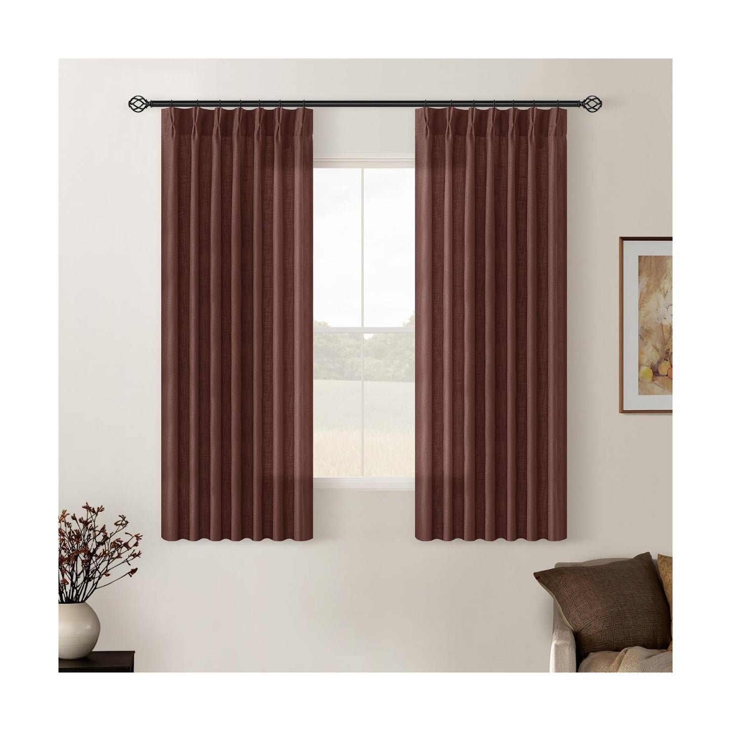 Chestnut Brown Pinch Pleated Linen Sheer Curtains 45 Inch Length 2 Panels
