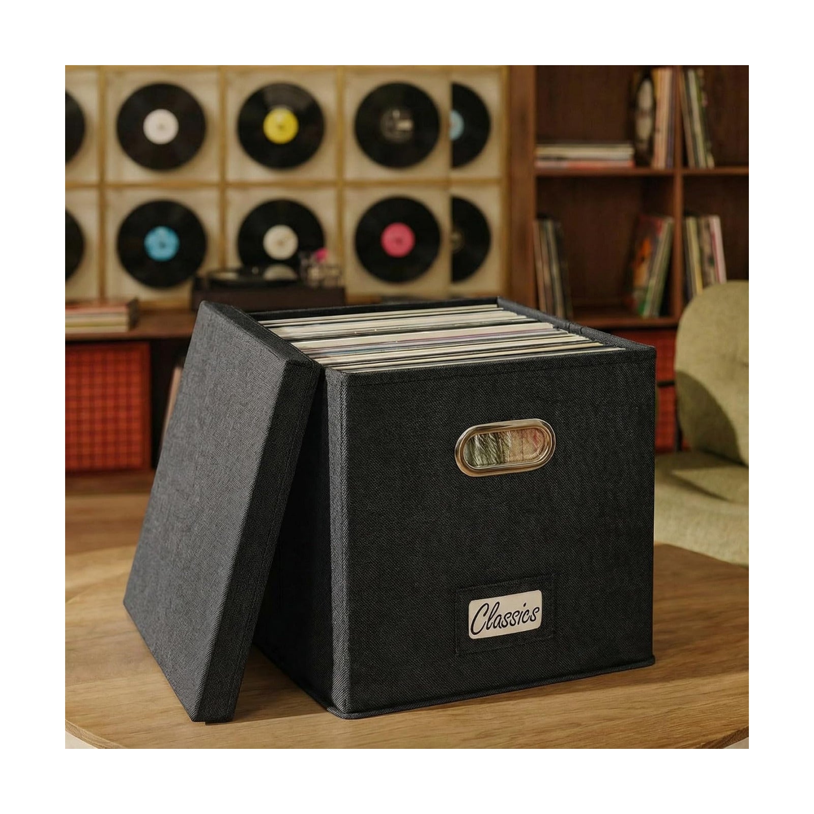 Decorative Vinyl Record Storage Box for 50+ Single Records - LP Holder | Sturdy and Easy to Carry Crate with Lid - The