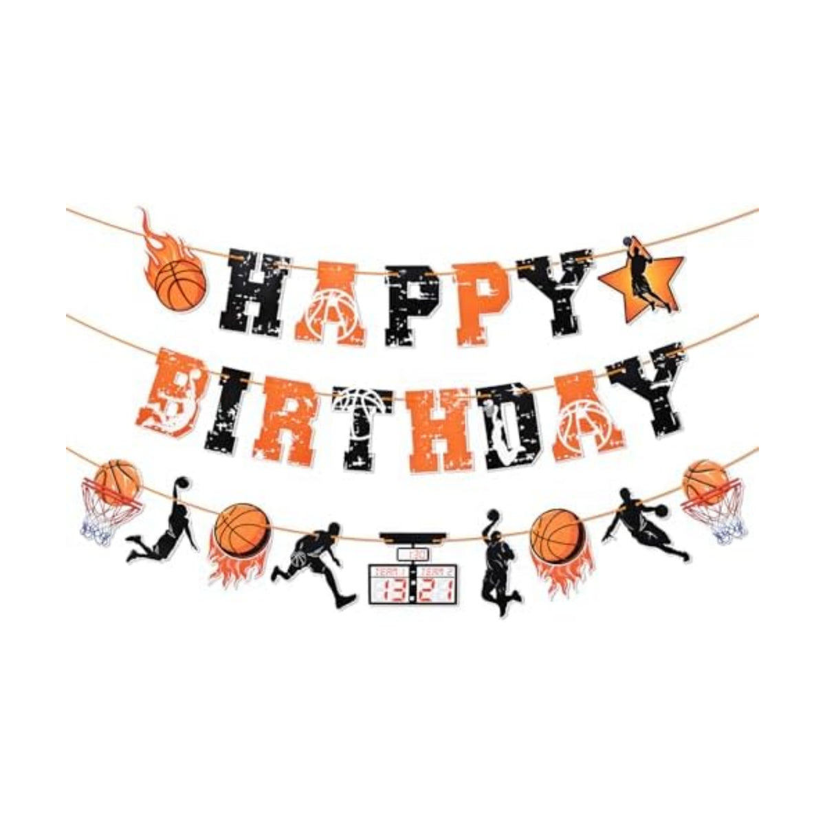 Basketball Happy Birthday Banner - Orange and Black Sports-Themed Party Decoration with Basketball Hoops and Fireball Design, Pre-Assembled, No DIY Required, Festive Indoor Outdoor Birthday Party Supplies