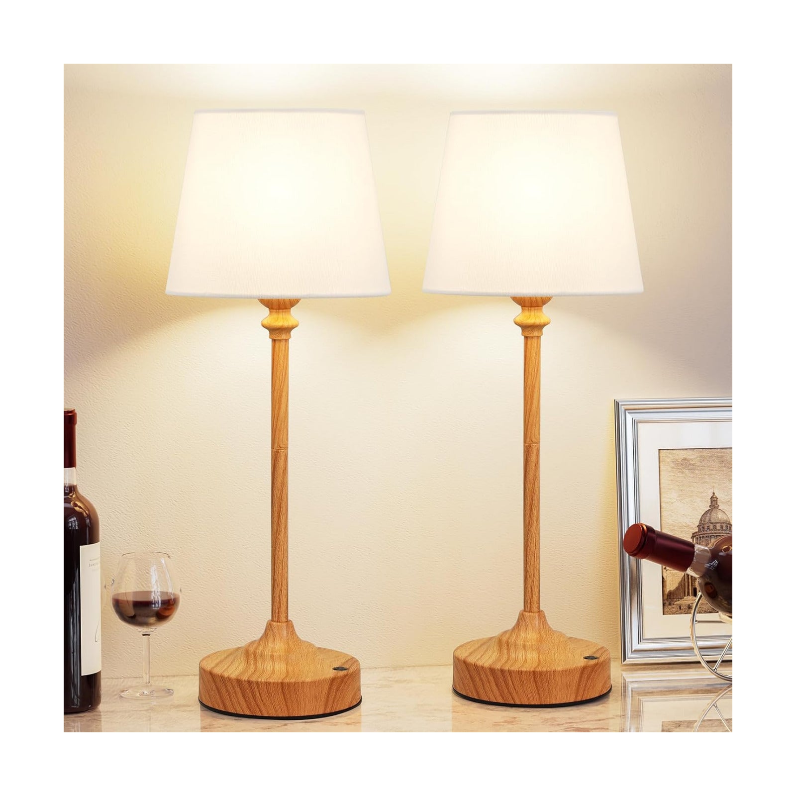 Kakanuo Cordless Table Lamps Rechargeable Set - 2 Pack Wooden 4000mAH Battery Operated Lamps for Decor, 3000K Stepless