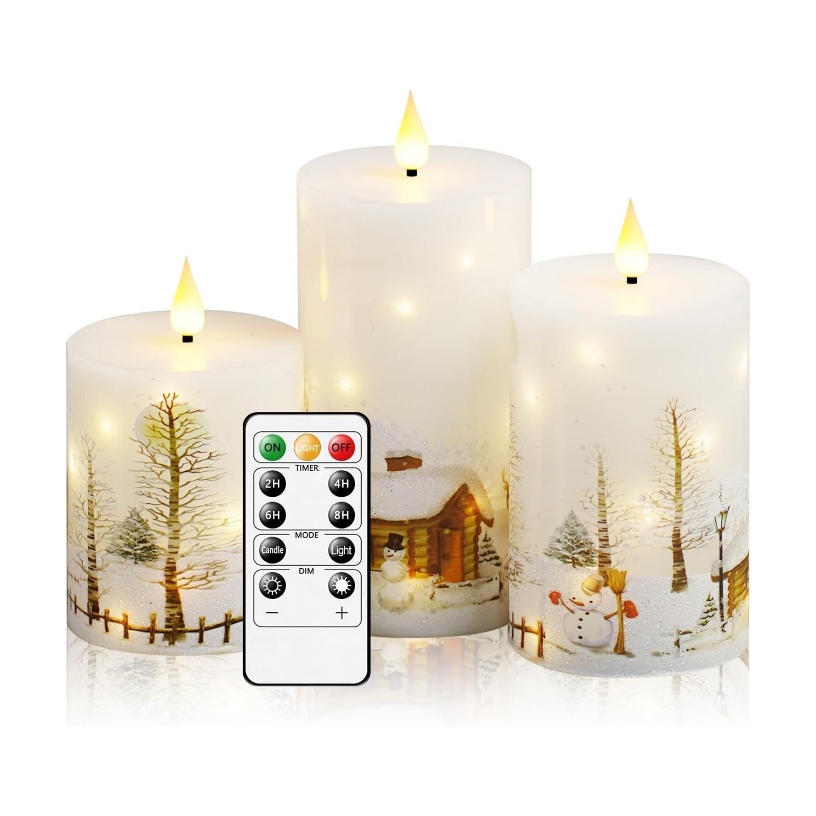 Christmas Flameless Candles with Remote - White LED Candles & String Lights, Battery Operated Set of 3 (D3 x H4/5"/6")