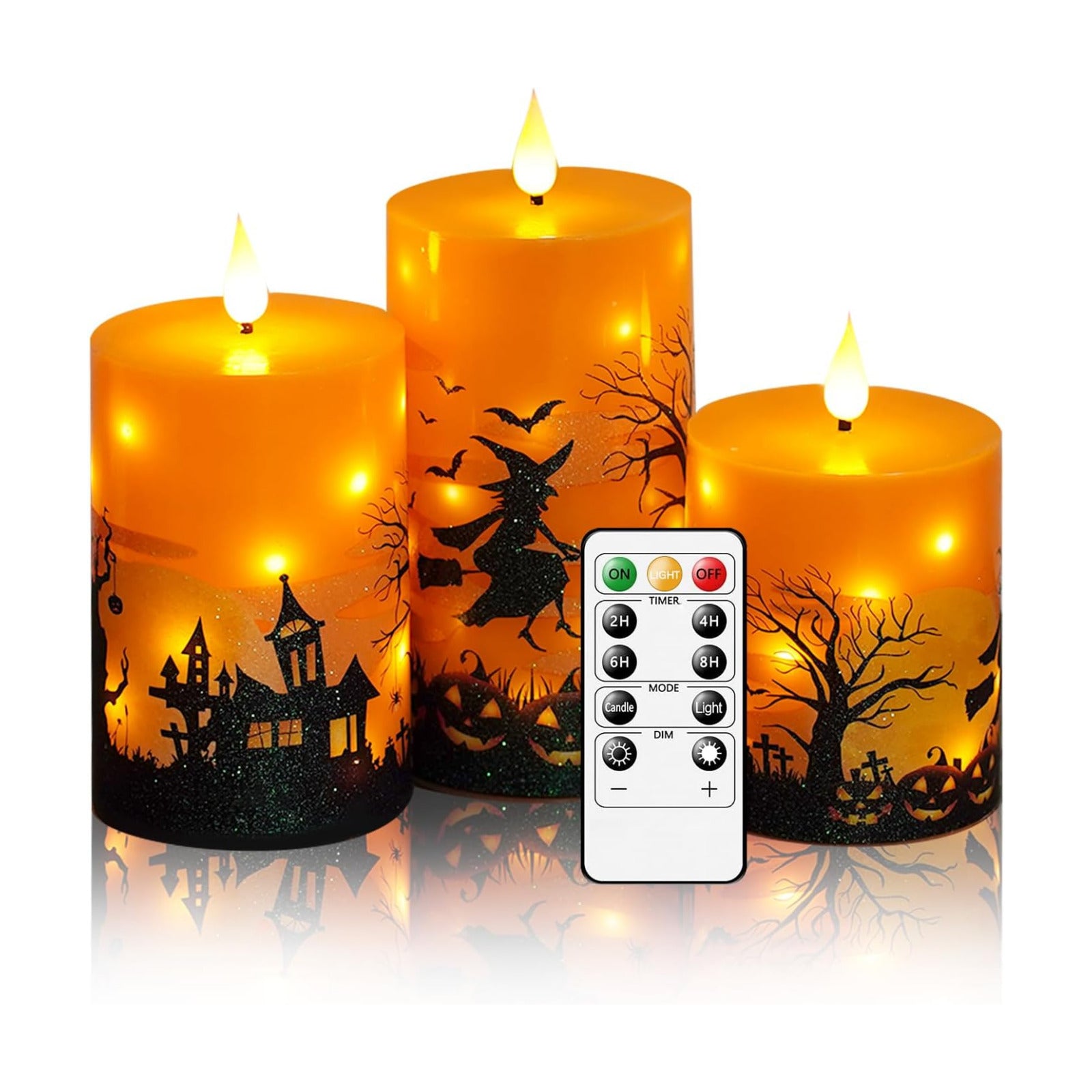 Sasigeiaa Halloween Flameless Candles with Remote - Orange LED Candles & String Lights, Battery Operated Set of 3 (D3 x