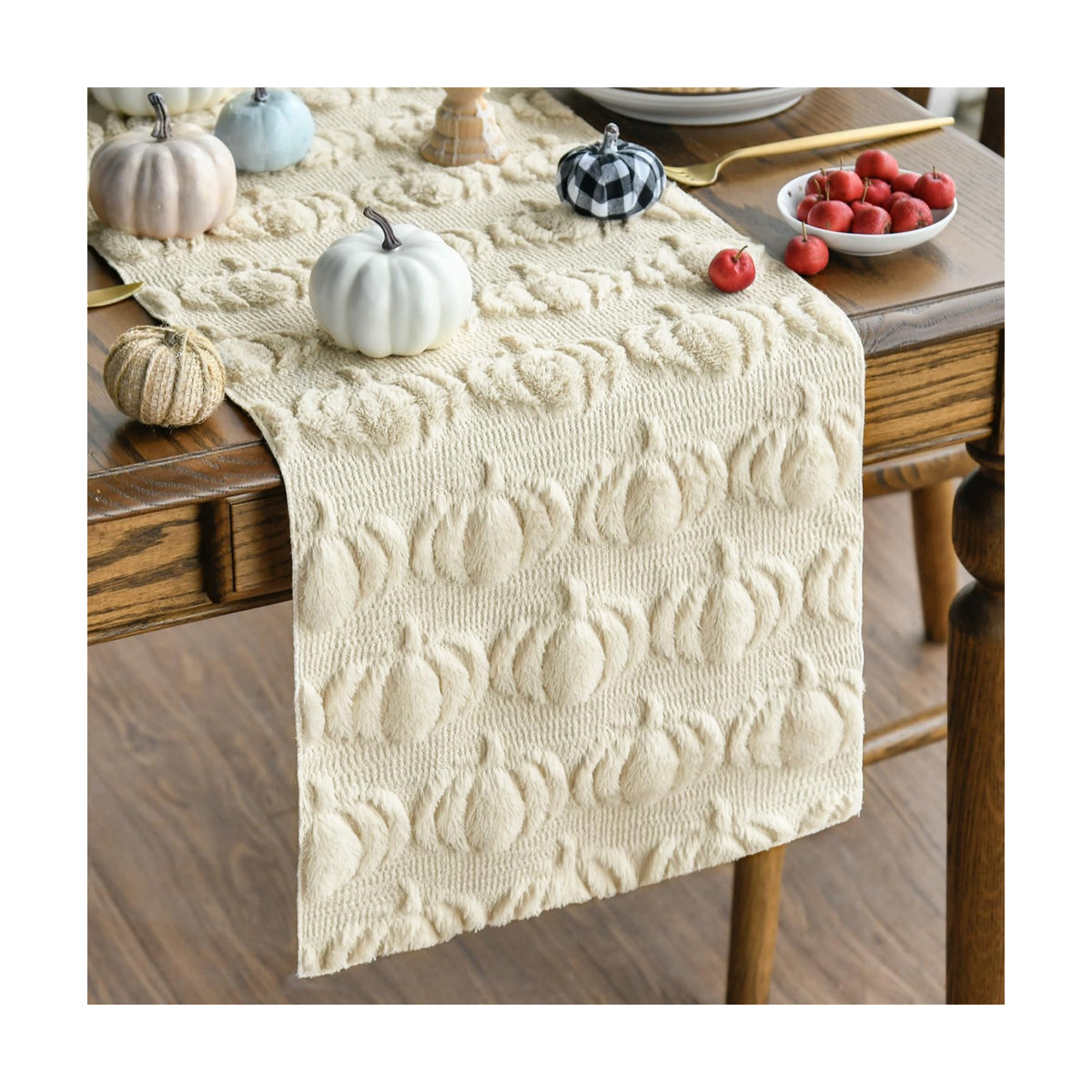 Artoid Mode Beige Soft Faux Fur Pumpkins Fall Table Runner 13x108 Inch