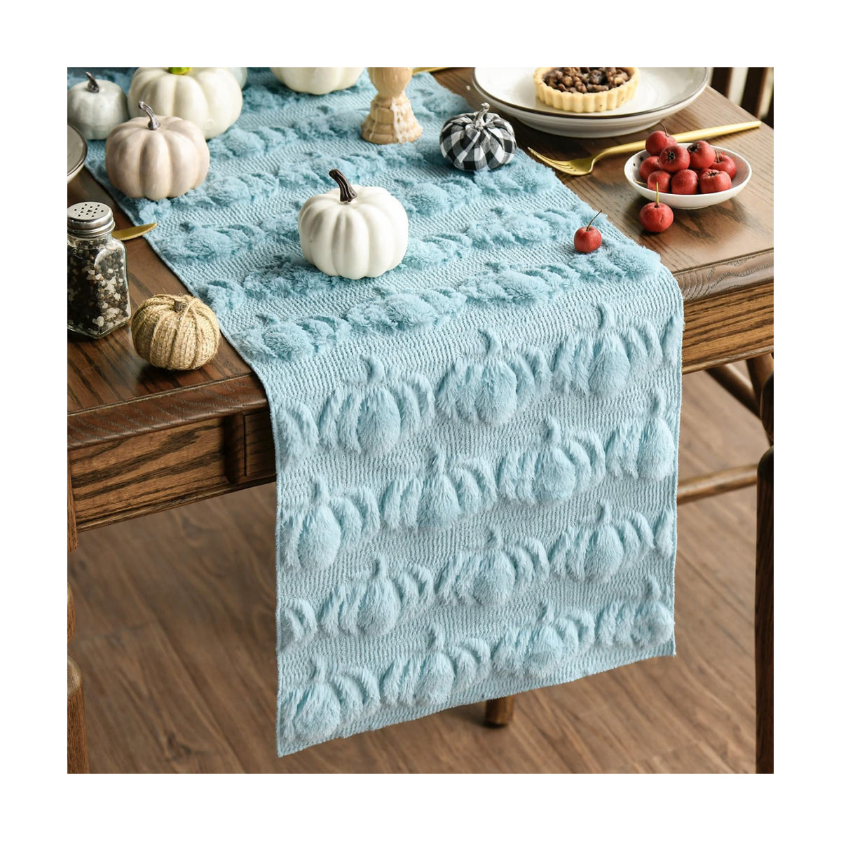 Artoid Mode Blue Soft Faux Fur Pumpkins Fall Table Runner 13x72 Inch