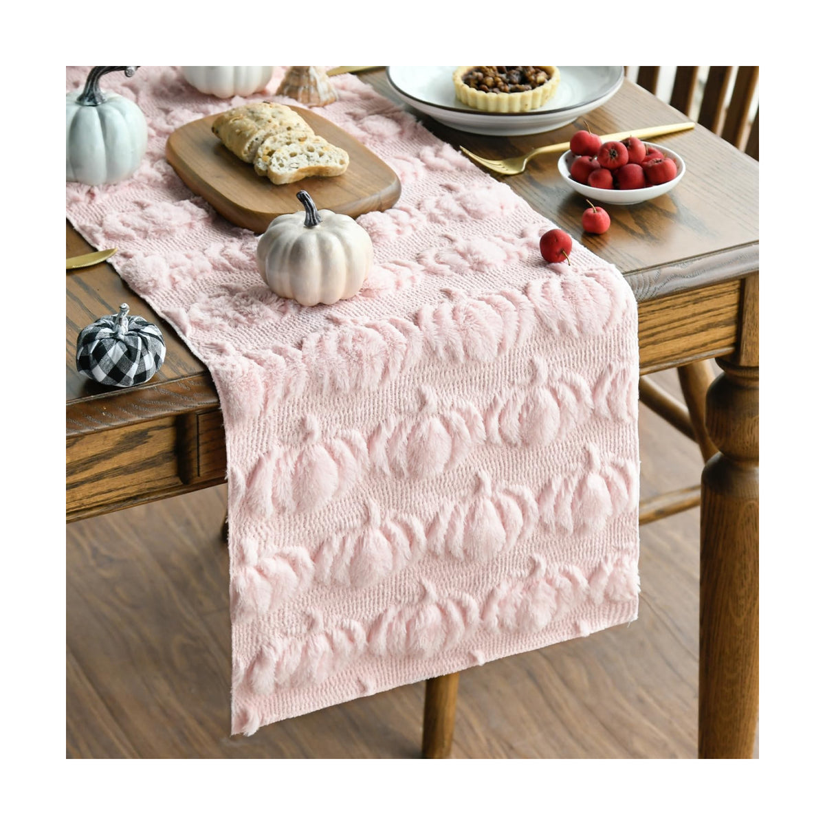 Artoid Mode Pink Soft Faux Fur Pumpkins Fall Table Runner 13x72 Inch