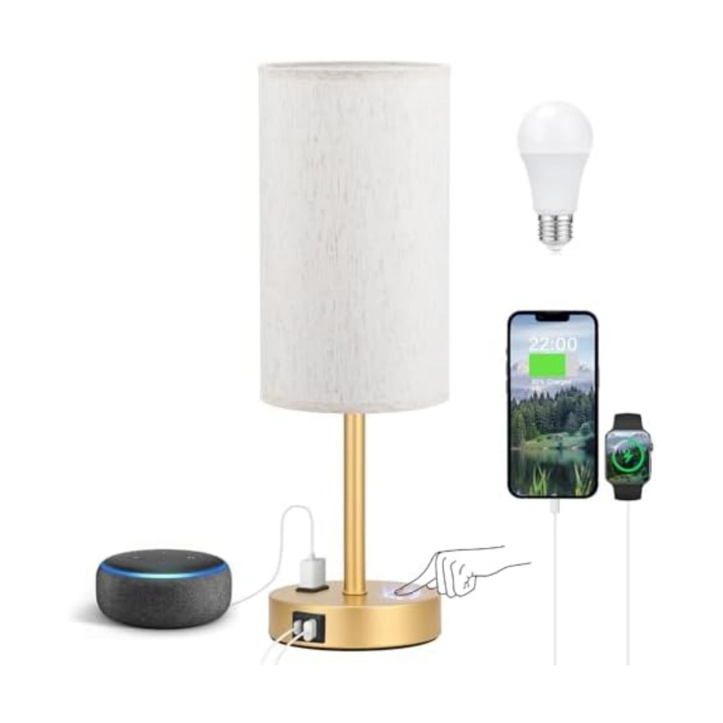 Fenmzee 17.4" Gold Lamp for Bedroom - Dimmable Touch, USB A+C, AC Outlet