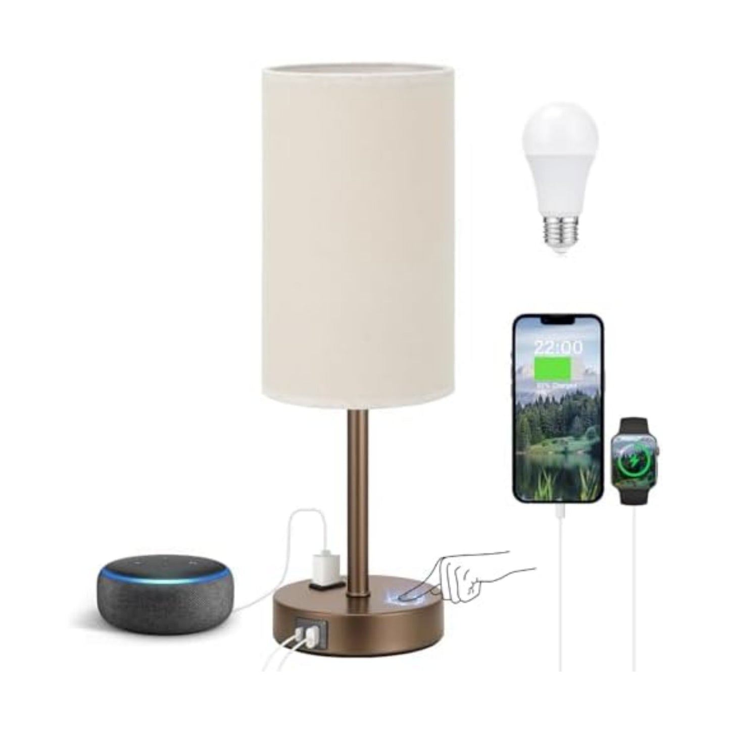 Fenmzee 17.4" Brown Lamp for Bedroom - Dimmable Touch, USB A+C, AC Outlet