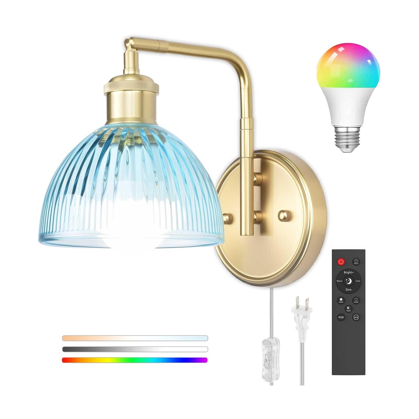Swing Arm Wall Sconce, Plug in or Hardwired Gold Wall Lamp with Blue Stripe Ribbed Glass Shade, Modern Remote Dimmable