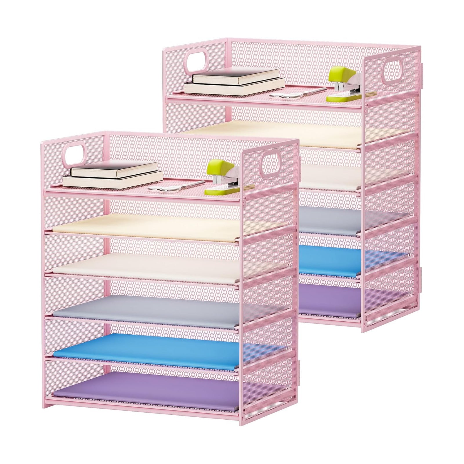 Marbrasse 2 Pack Desk Organizer with Handle, 6 Tier Paper Letter Tray, Mesh Desk File Organizer for Office, School and