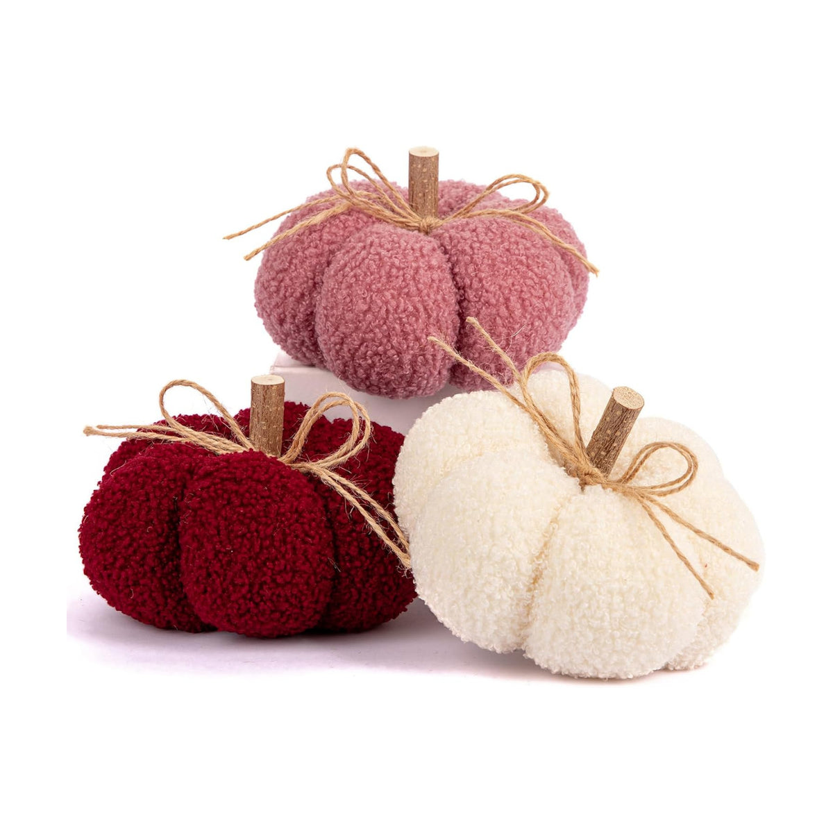 6" Fake Fall Pumpkin Decorations for Home, 3 Pcs Artificial Big Fabric Pumpkins Autumn Decor Faux Pumpkins for Decorating, Fall Table Centerpiece Baby Shower, Halloween Thanksgiving, Burgundy & Pink