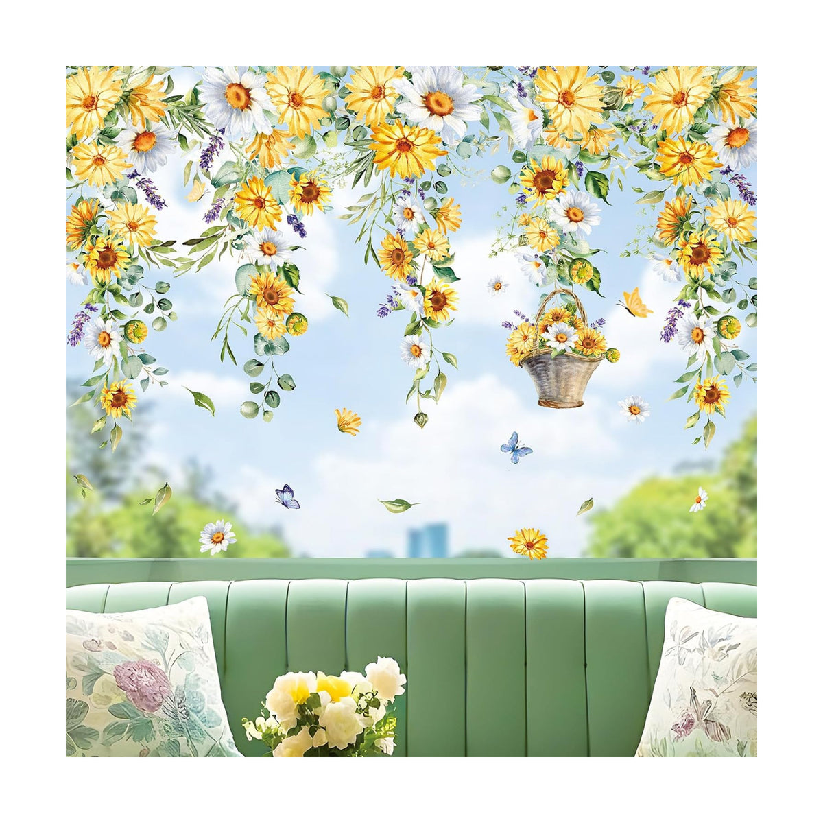Whaline 9 Sheets Spring Summer Daisy Floral Window Cling Hanging Yellow White Flower Vine Glass Decals Sunflower Eucalyptus Reusable Window Decoration for Party Home Office Classroom