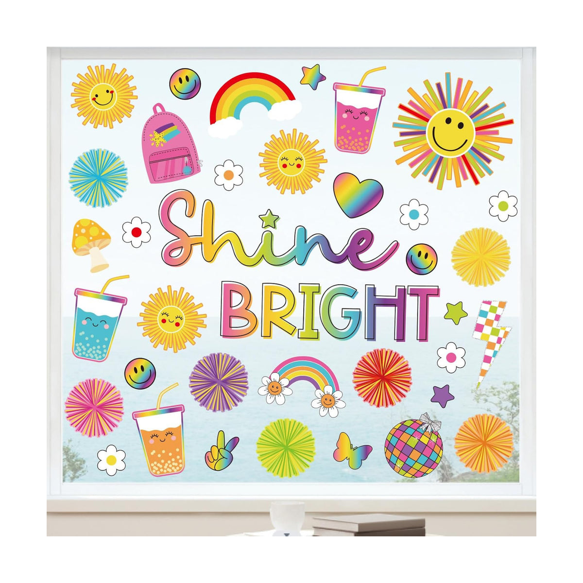 Whaline 9 Sheets Summer Cartoon Sun Window Cling Stickers Boho Sun Sunshine Window Decals Shine Bright Reusable Decoration for Back to School Party Home Classroom