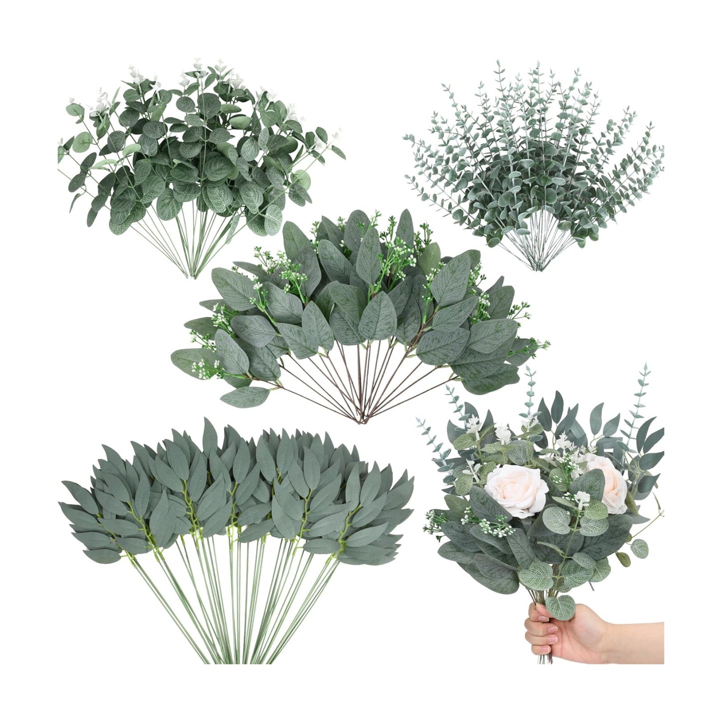 4 Kinds Mixed Artificial Eucalyptus Leaves Stems Bulk Fake Dollar Eucalyptus / Silver / Set of 150