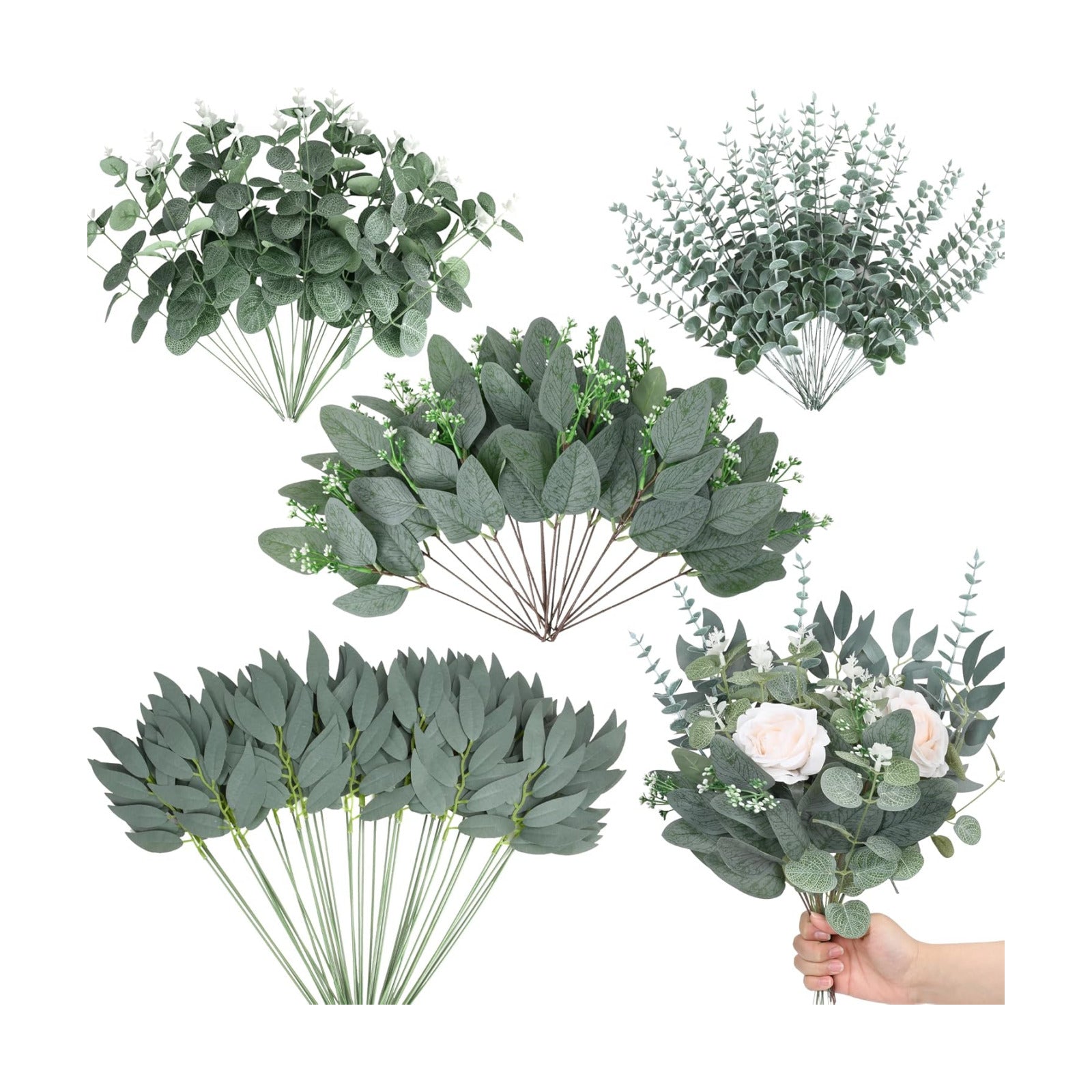 4 Kinds Mixed Artificial Eucalyptus Leaves Stems Bulk Fake Dollar Eucalyptus / Silver / Set of 150