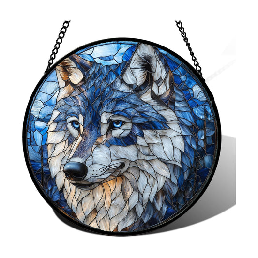 Blue Wolf Stained Glass Window Hanging Suncatcher Gifts for Women 15"