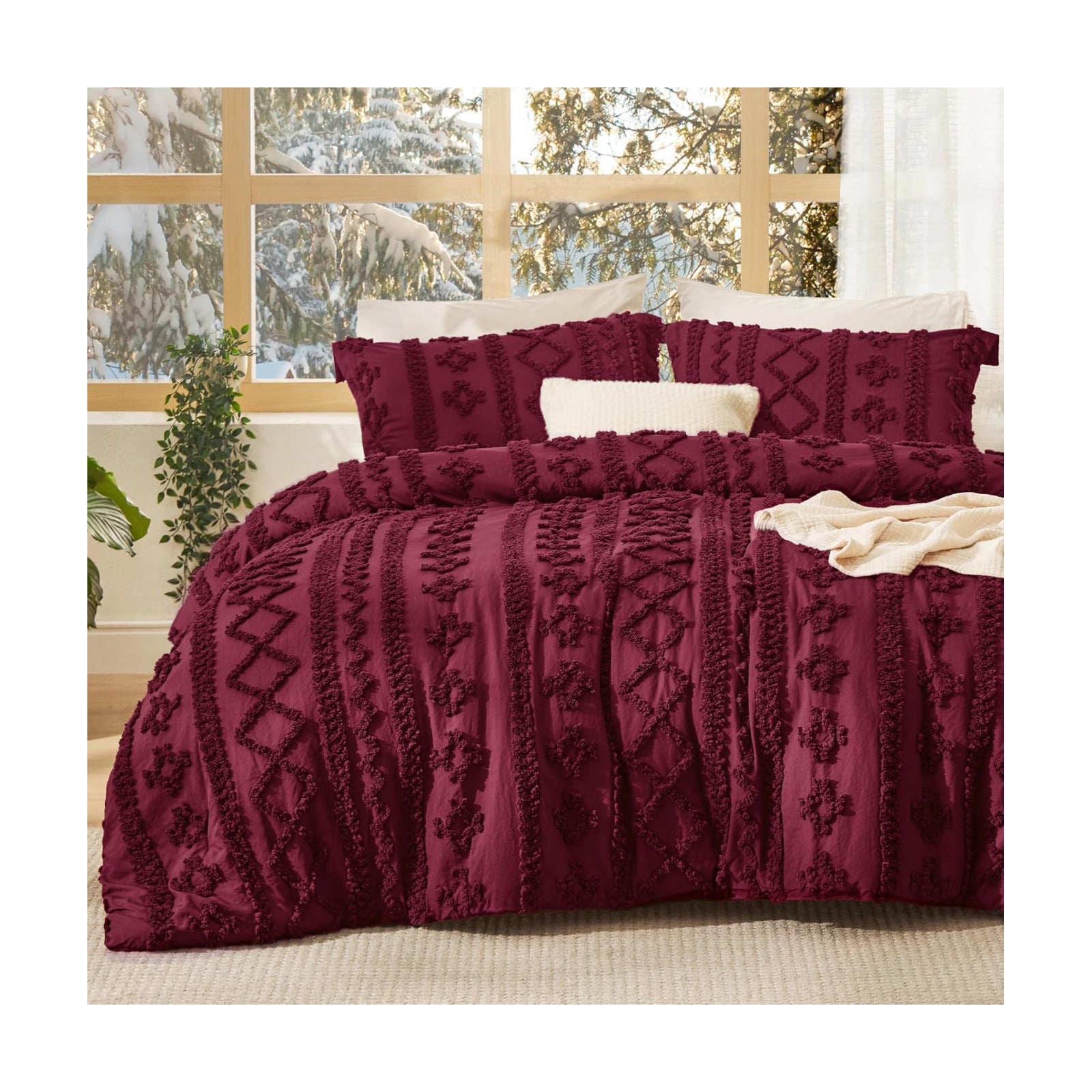 Bedsure Tufted Boho Comforter Set King Size - Burgundy Boho Bed Set, GentleSoft™ 3 Pieces Farmhouse-Style Embroidery