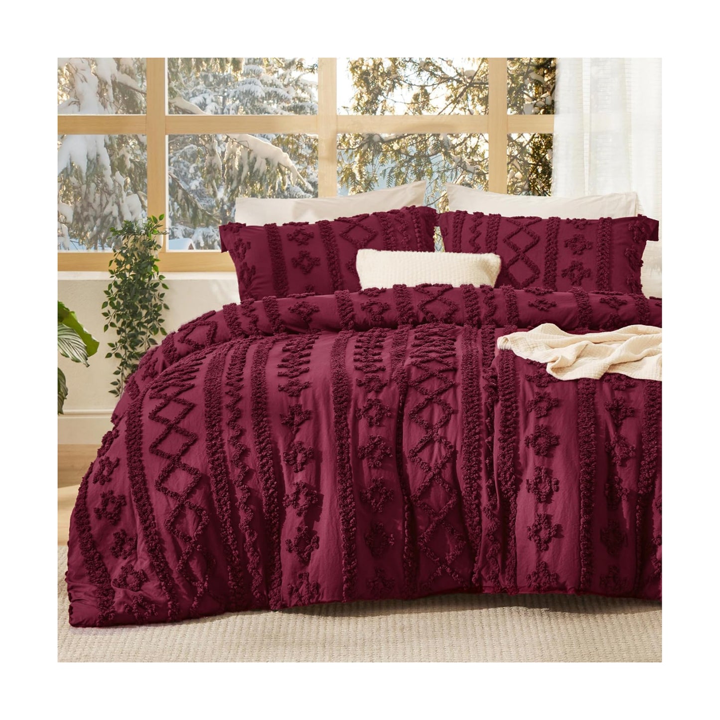 Bedsure Tufted Boho Comforter Set Queen Size - Burgundy Boho Bed Set, GentleSoft™ 3 Pieces Farmhouse-Style Embroidery