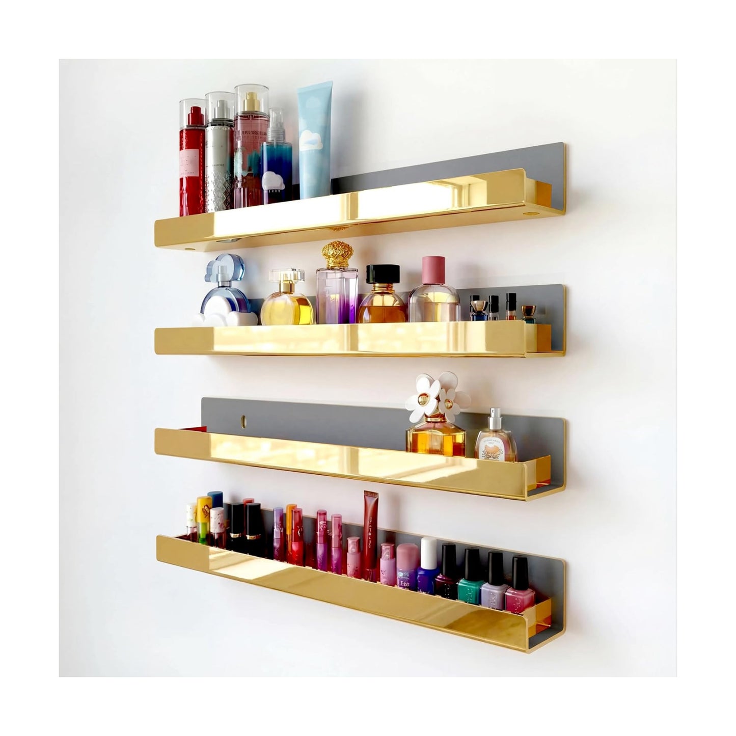4 Pack 15 Inch Gold Reflective Acrylic Shelves, Gold Foating Shelves, Modern Sunglasses Essential Oil Picture Ledge