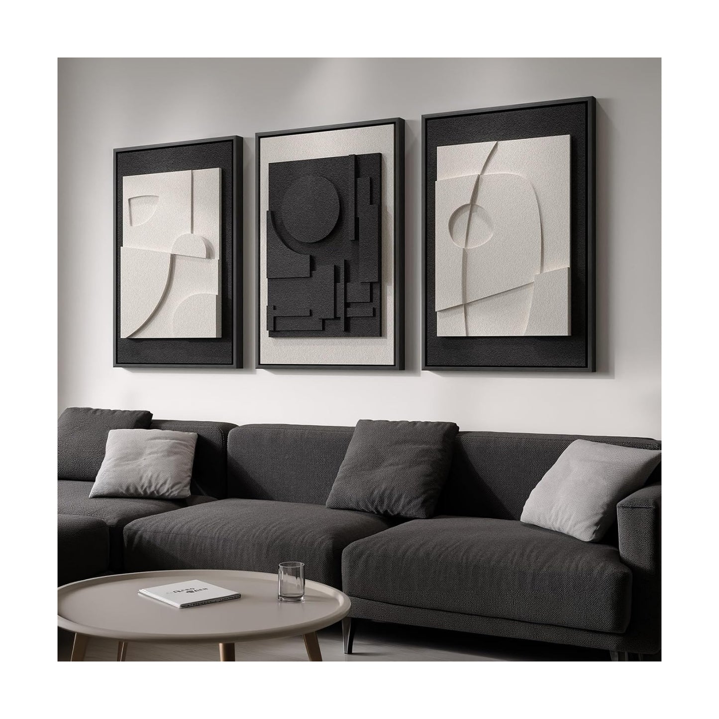 Large Framed Black and White Modern 3D Abstract Wall Art for Living Room