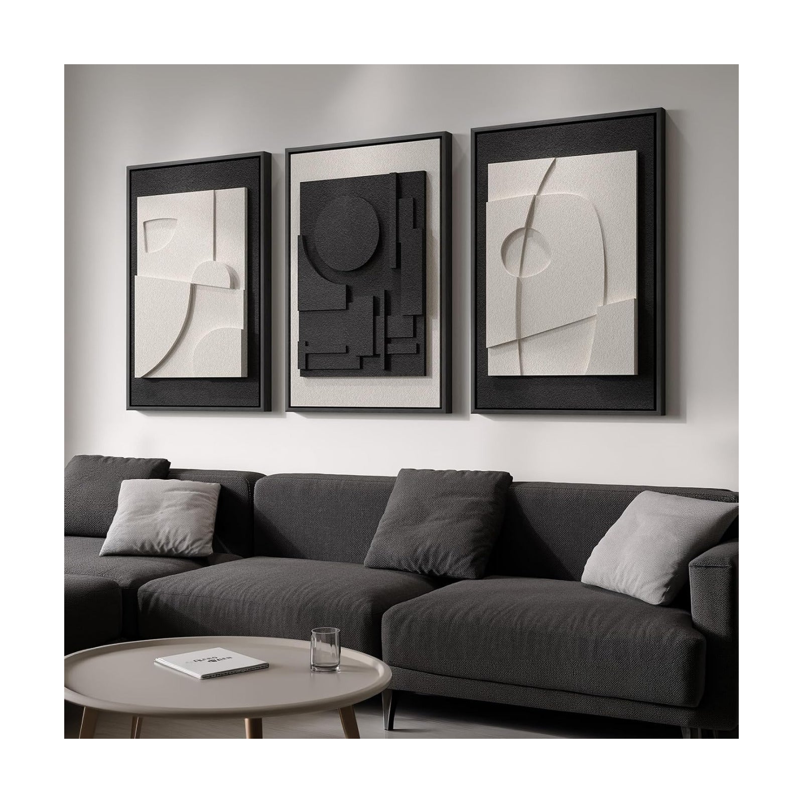 Large Framed Black and White Modern 3D Abstract Wall Art for Living Room