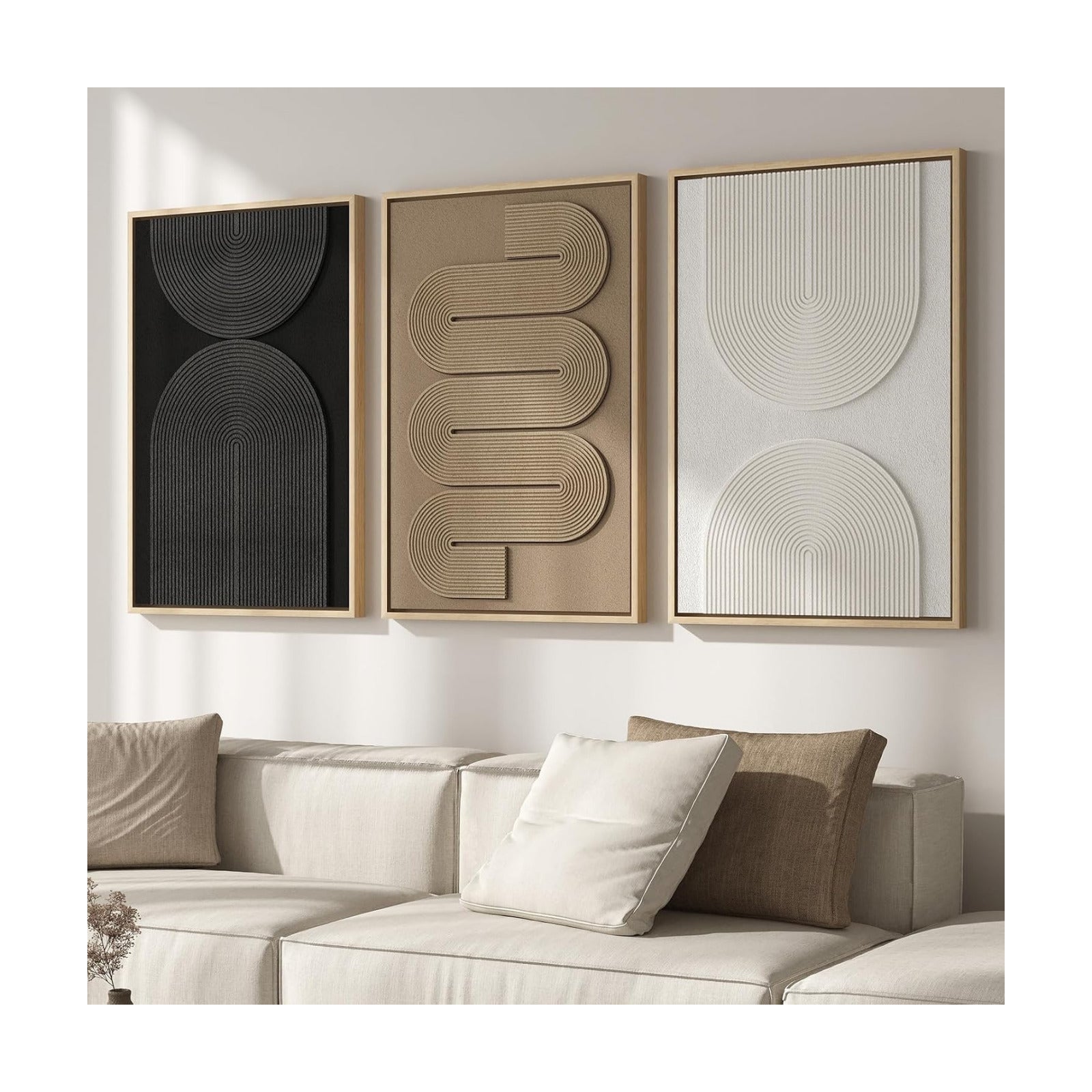 Large Framed Neutral Abstract Wall Art for Living Room, Modern 3D Artwork