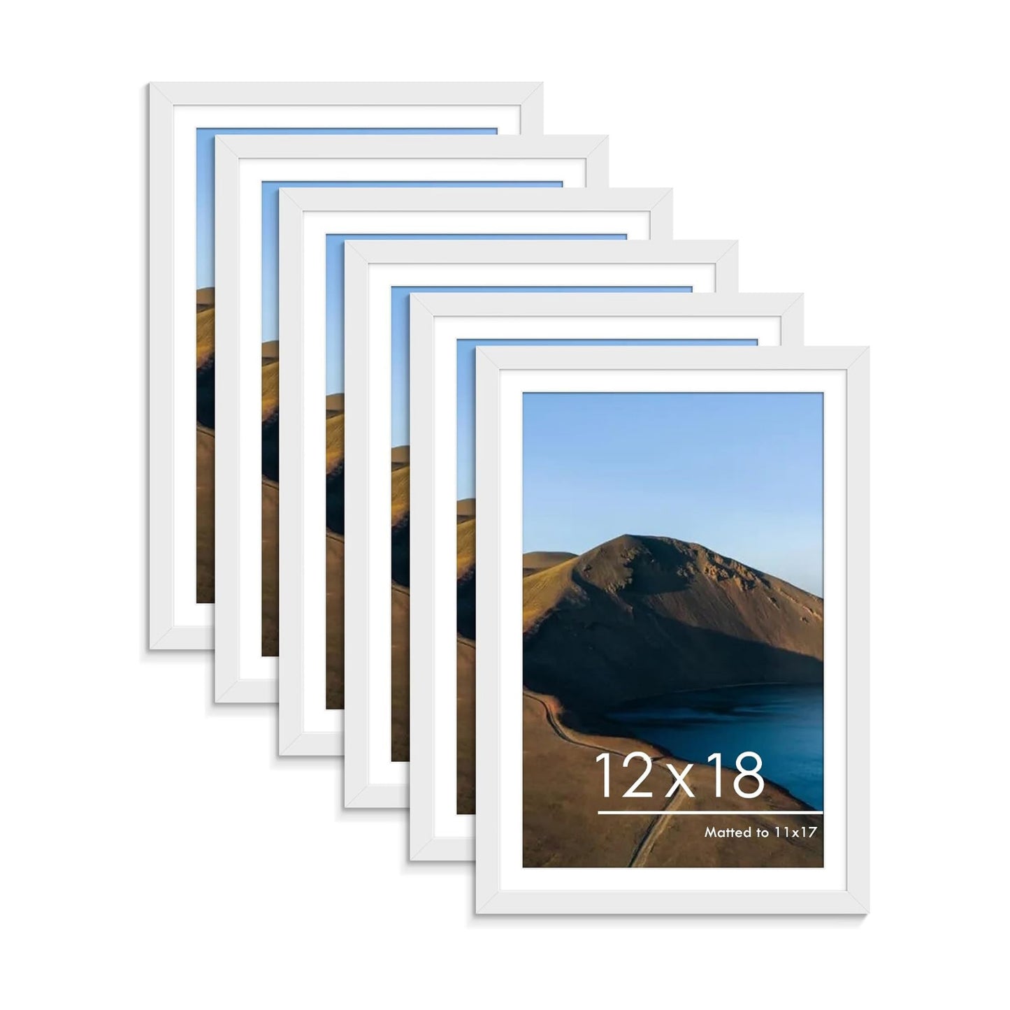 12x18 Picture Frame Set of 6, Wall Mount Display, White | Display Pictures 11x17 with Mat or 12x18 Without Mat