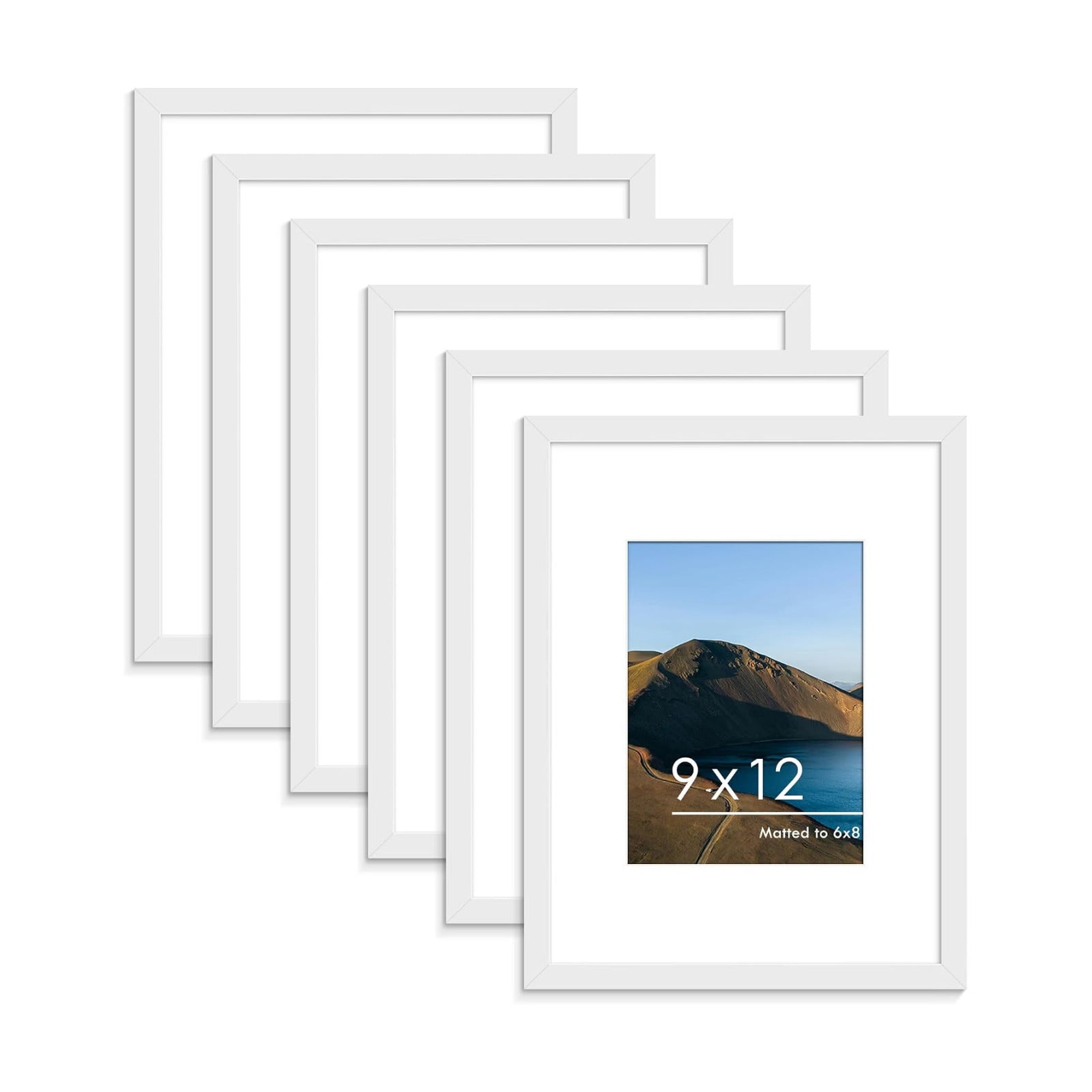 9x12 Picture Frame Set of 6, Wall or Tabletop Display, White | Display Pictures 6x8 with Mat or 9x12 Without Mat