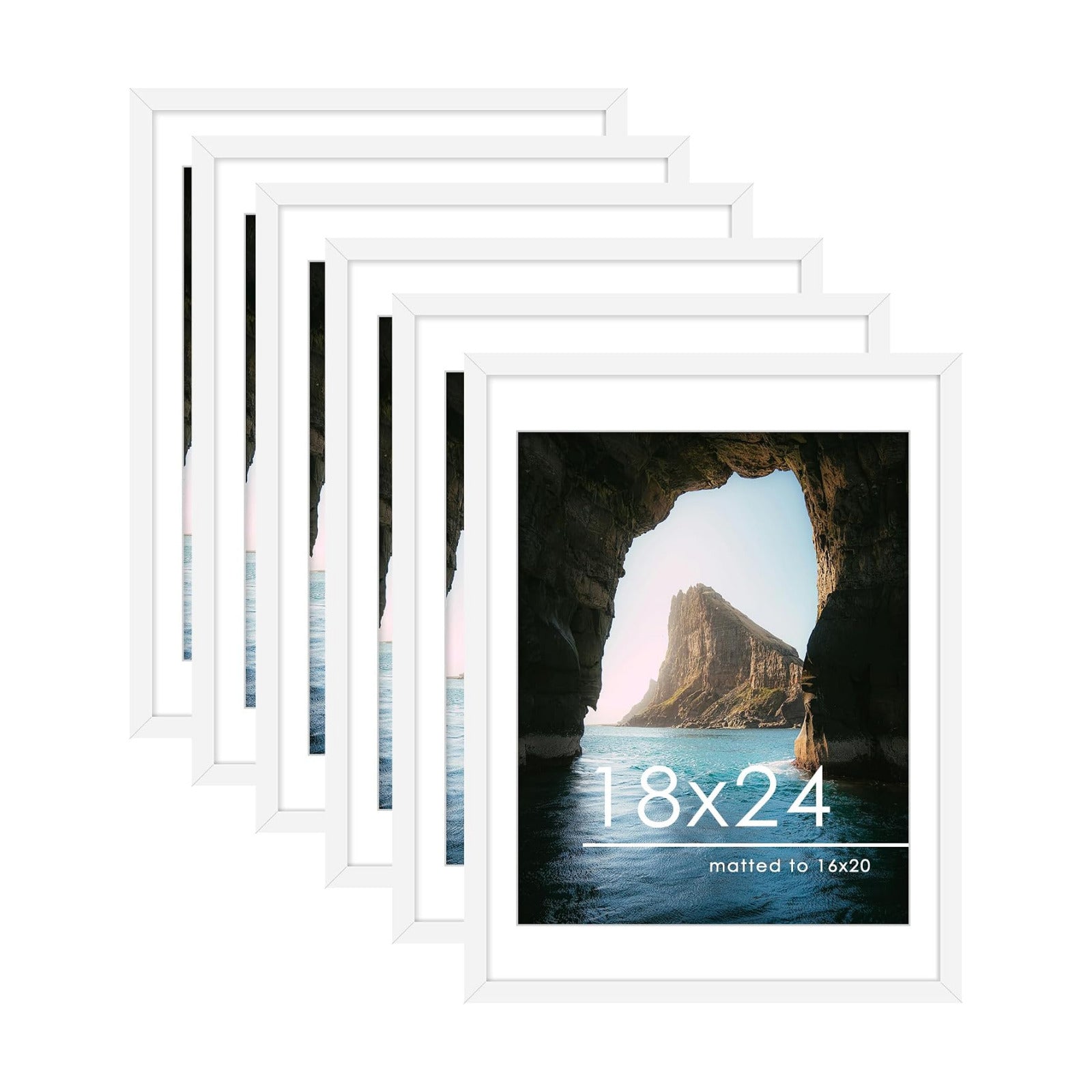 18x24 Poster Frame Set of 6, Wall Mount Display, White | Display Pictures 16x20 with Mat or 18x24 Without Mat