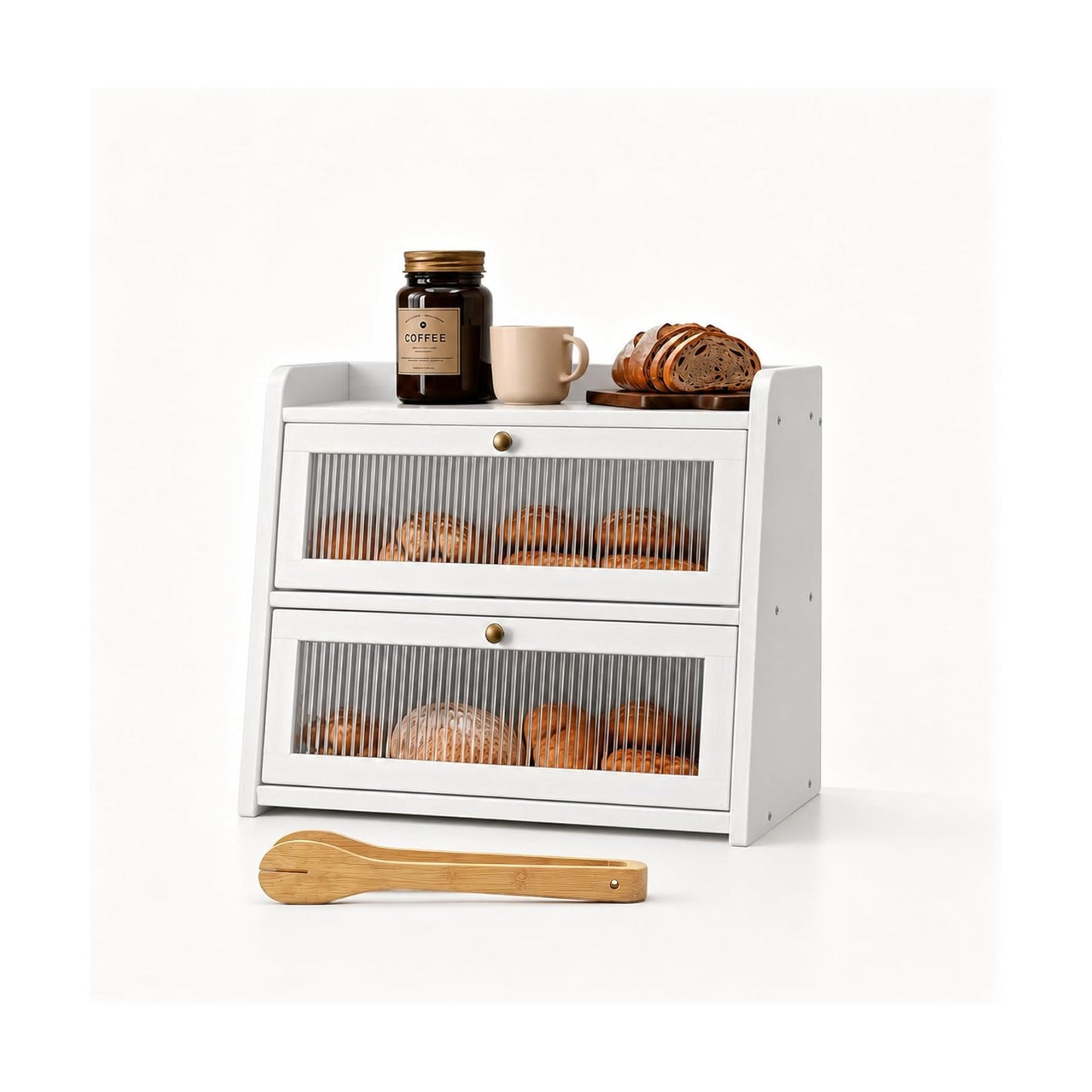 Double Layer Large Bamboo Bread Box for Kitchen Counter, Wooden Large Capacity Bread Storage Bin with Window Bread