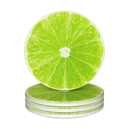 Funny Fruit Ceramic Coasters / Green Lime Lemon / Round / Set of 4