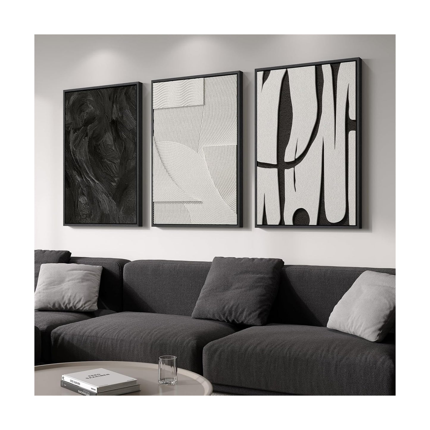 3D Large Framed Black and White Abstract Wall Art for Living Room, 3 Piece