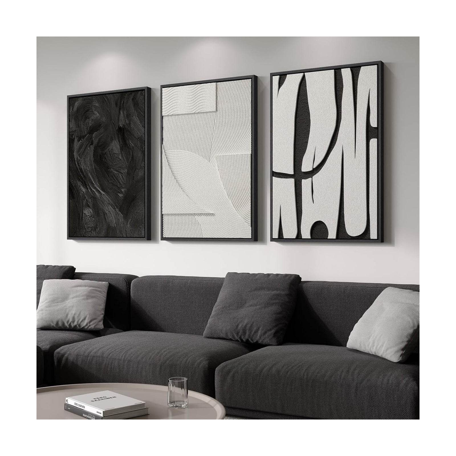 3D Large Framed Black and White Abstract Wall Art for Living Room, 3 Piece