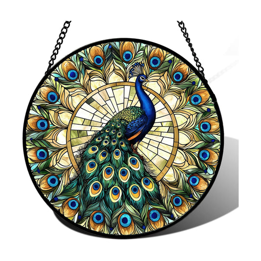Peacock in Feather Halo Stained Glass Window Hanging Suncatcher Gifts 15"