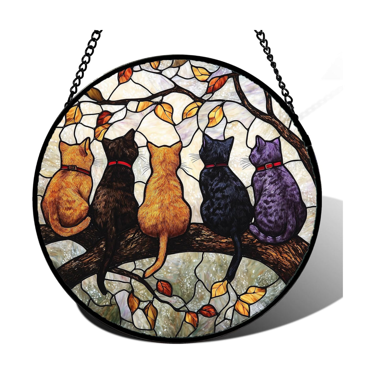 5 Cats on a Branch Stained Glass Window Hanging Suncatcher Gifts 15"