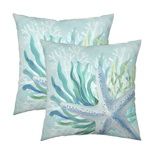 Nautical Coastal Outdoor Pillow Covers 24x24 Inch Set of 2 Beachy Ocean Starfish Coral Seagrass Pillow Cover Sea Life Decorative Cushion Case for Sofa Chair Patio Bed Couch