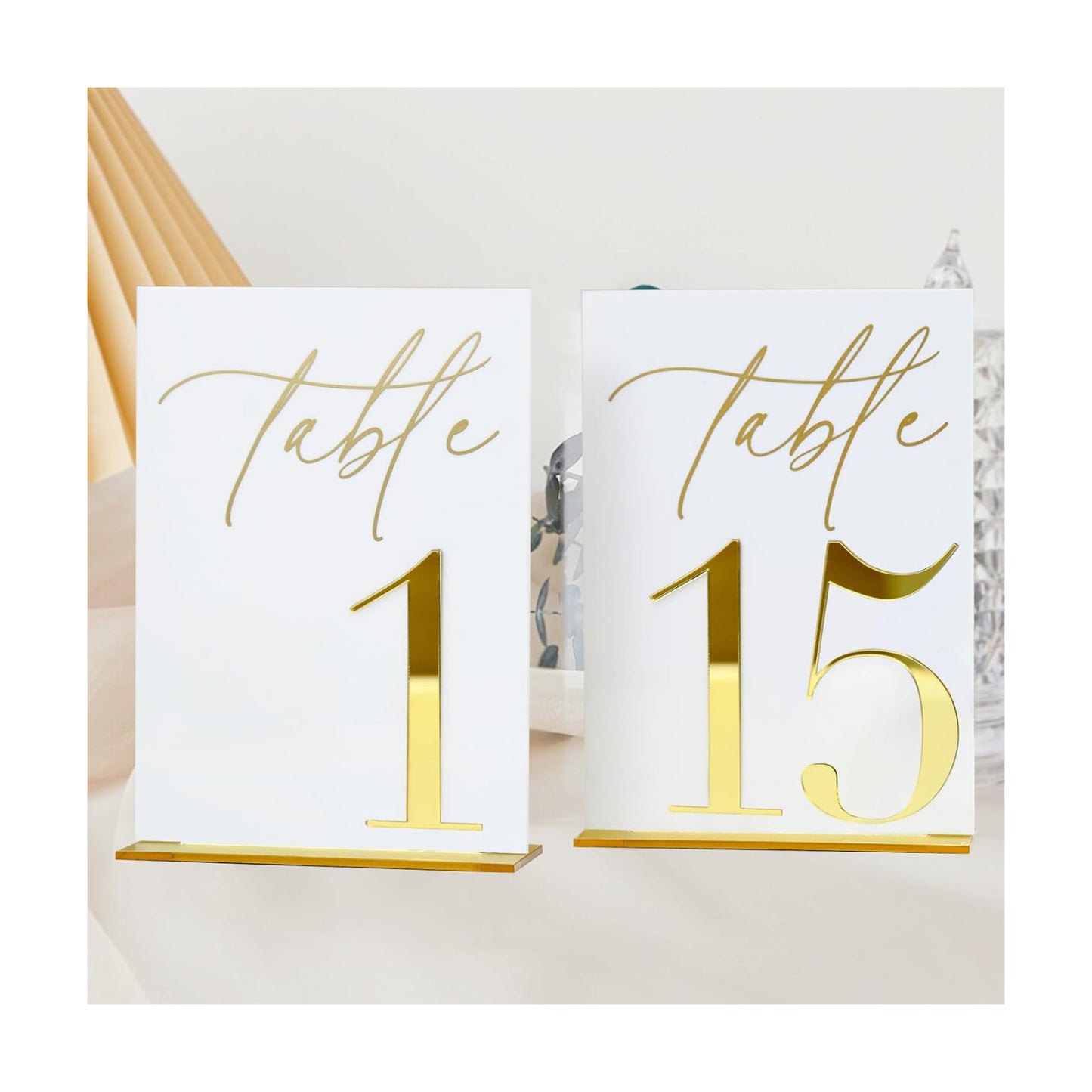 Acrylic Wedding Table Numbers 1-15 with Stands, 5"x7" White Acrylic Signs with 3D Gold Mirror Numbers, White and Gold