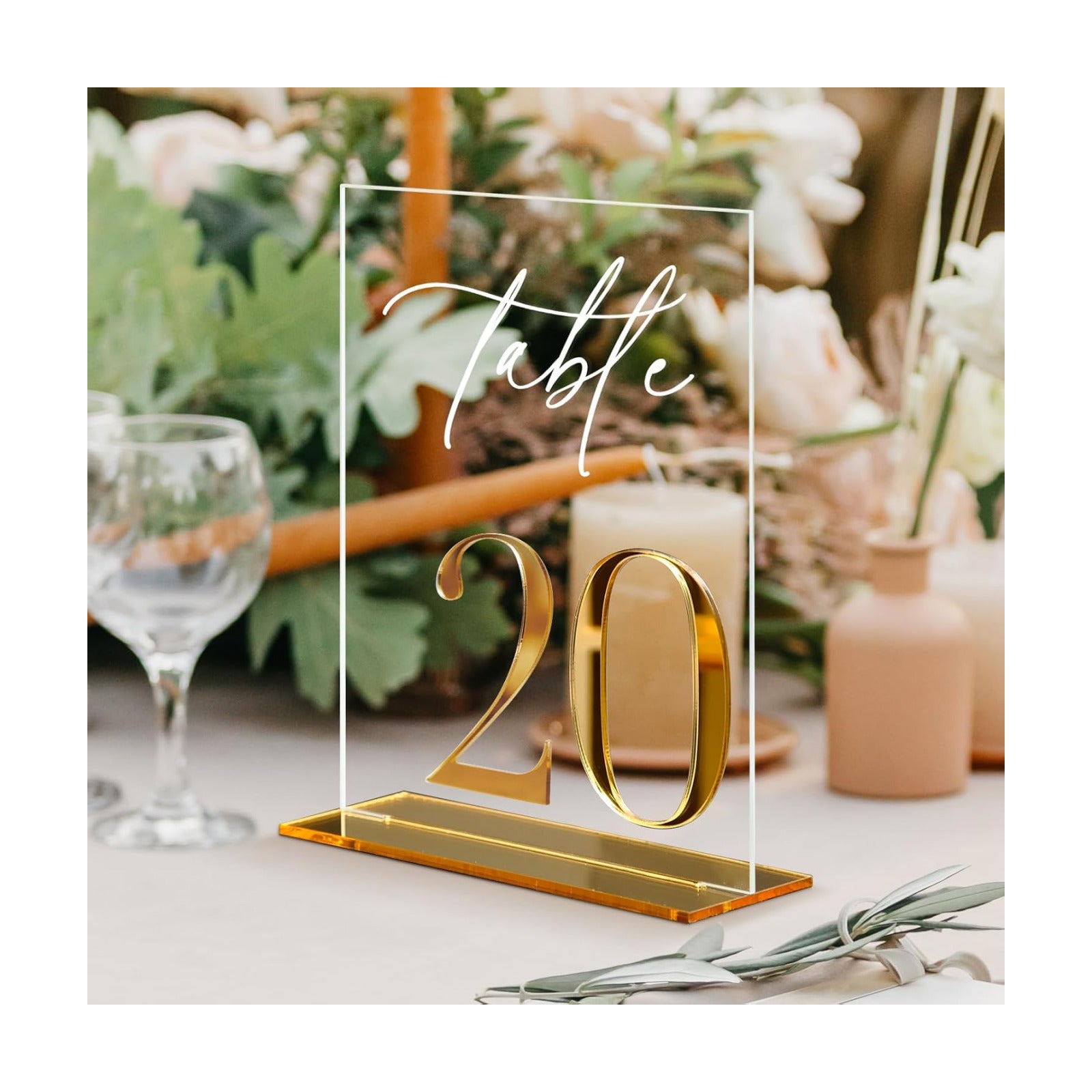 Acrylic Wedding Table Numbers 1-20 with Stands, 5"x7" Clear Acrylic Signs with 3D Gold Mirror Numbers, Clear and Gold