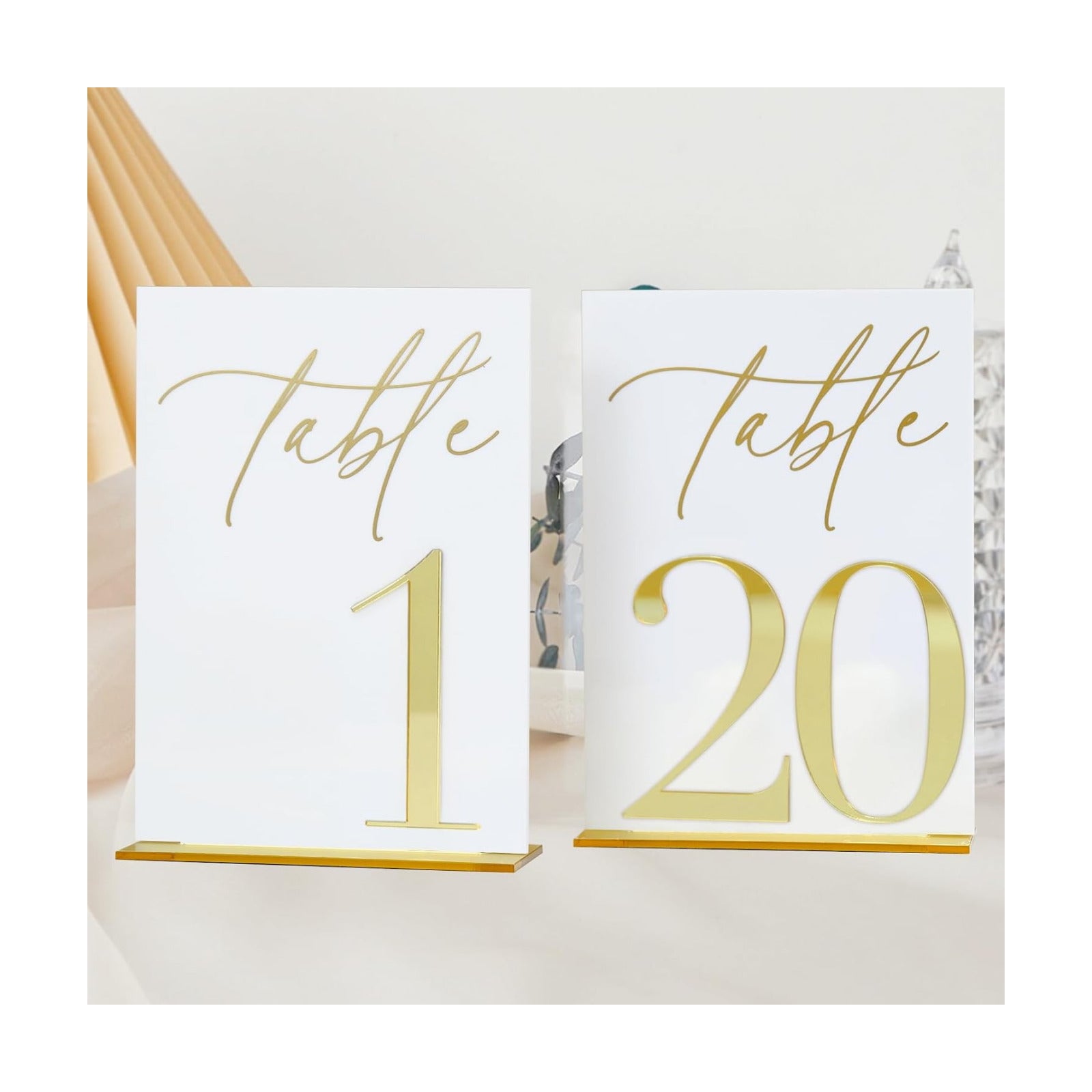 Acrylic Wedding Table Numbers 1-20 with Stands, 5"x7" White Acrylic Signs with 3D Gold Mirror Numbers, White and Gold