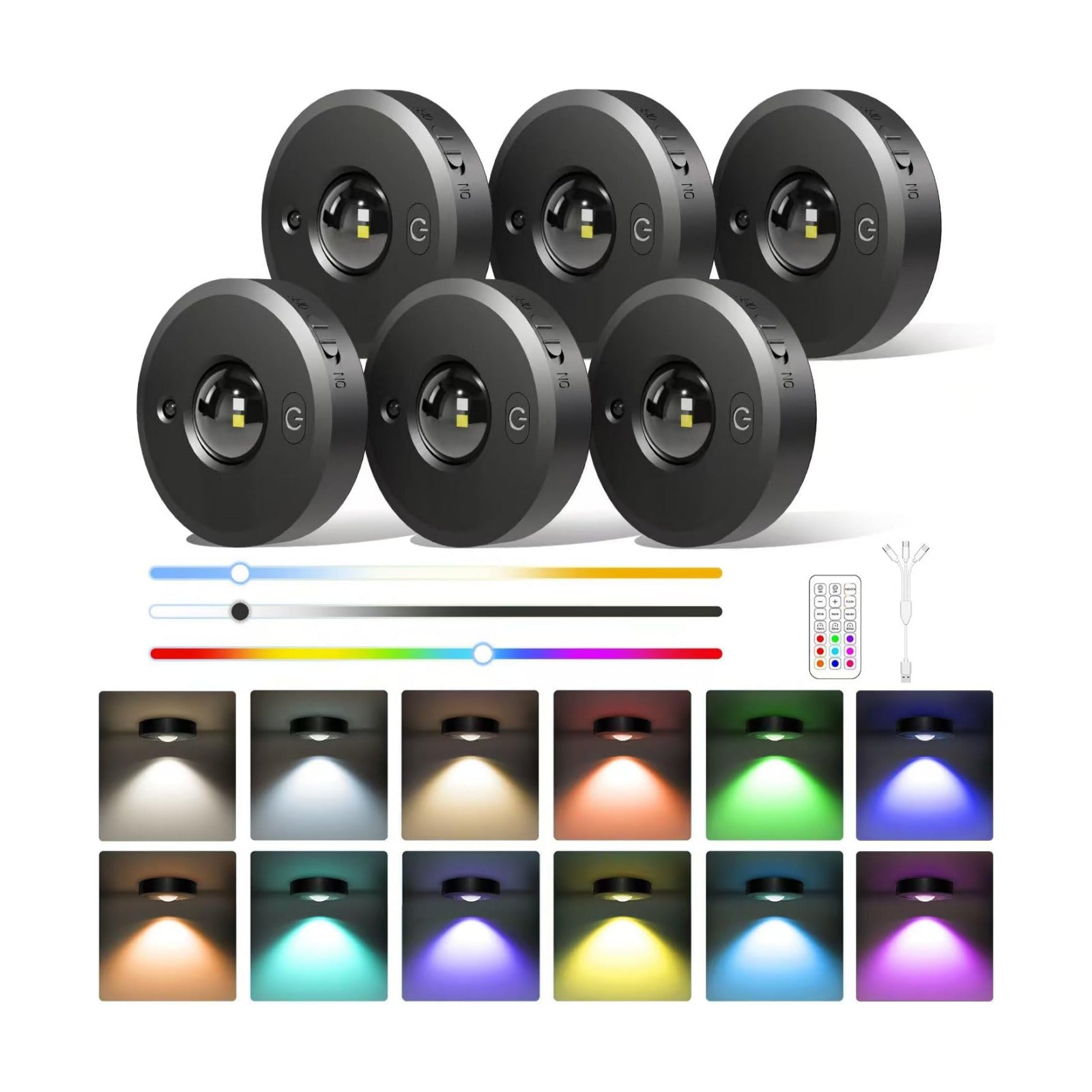 3 Pack Rechargeable Puck Lights with Remote, Dimmable, 3 Color Temps | 9 RGB Colors & 2 Dynamic Modes, 1000mAh Battery