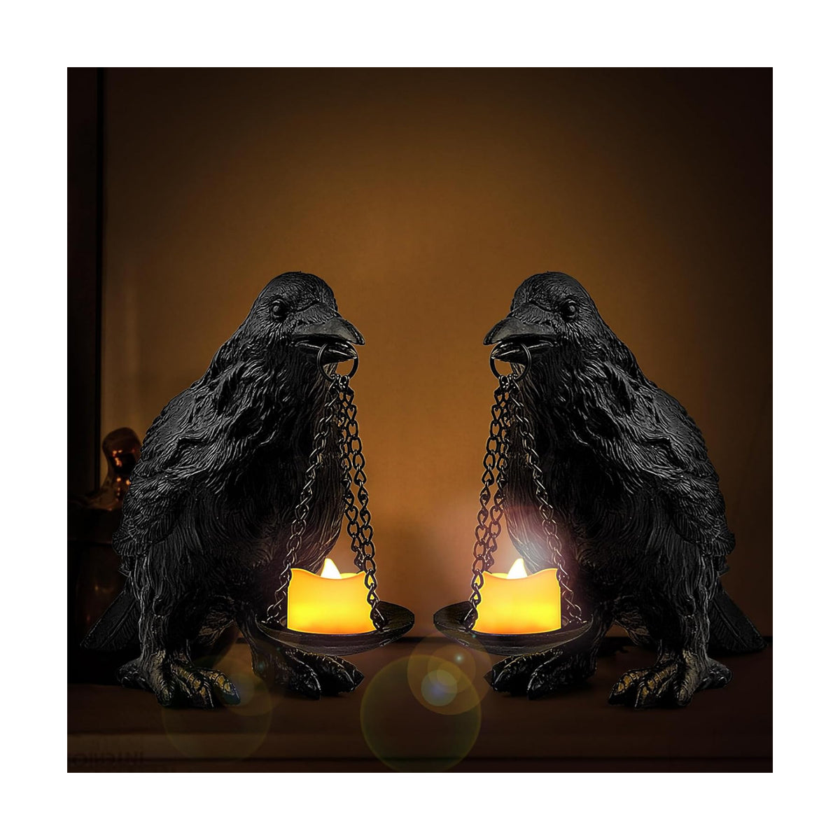 Gothic Crow Lamp with Tealight Candle Holder Resin Raven Decor Statue Gothic Home Decor for Bedroom Unique Goth Gifts Black 2PCS