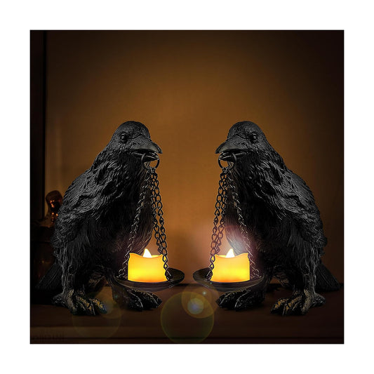 Gothic Crow Lamp with Tealight Candle Holder Resin Raven Decor Statue Gothic Home Decor for Bedroom Unique Goth Gifts Black 2PCS