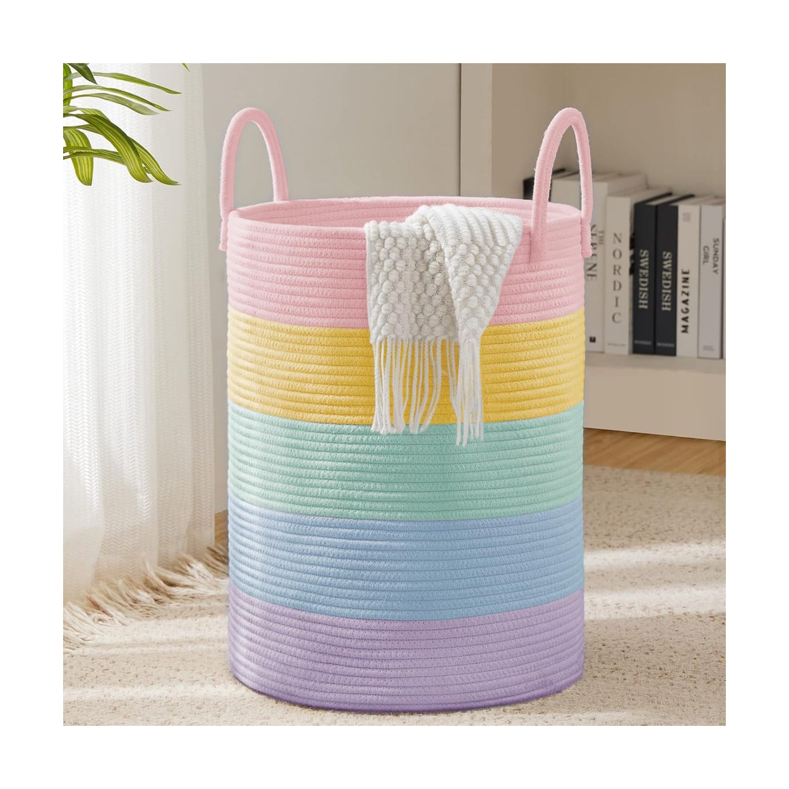 YOUDENOVA Cotton Rope Laundry Hamper Basket, 58L Blanket Basket for Nursery
