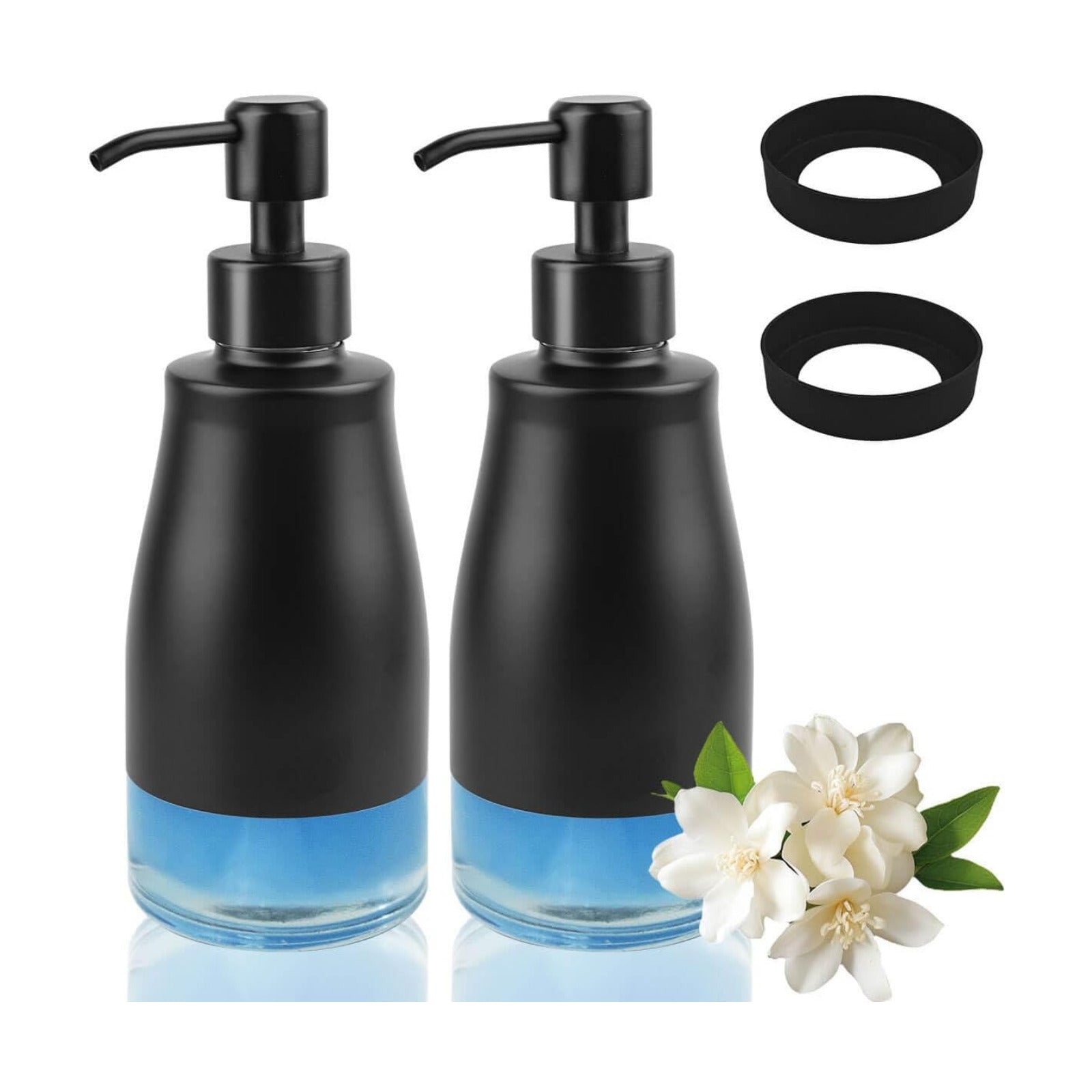 AUMIO 2-Pack Matte Black Dish Soap Dispensers with Non-Slip Silicone Pads | Stainless Steel Case & Glass Liner