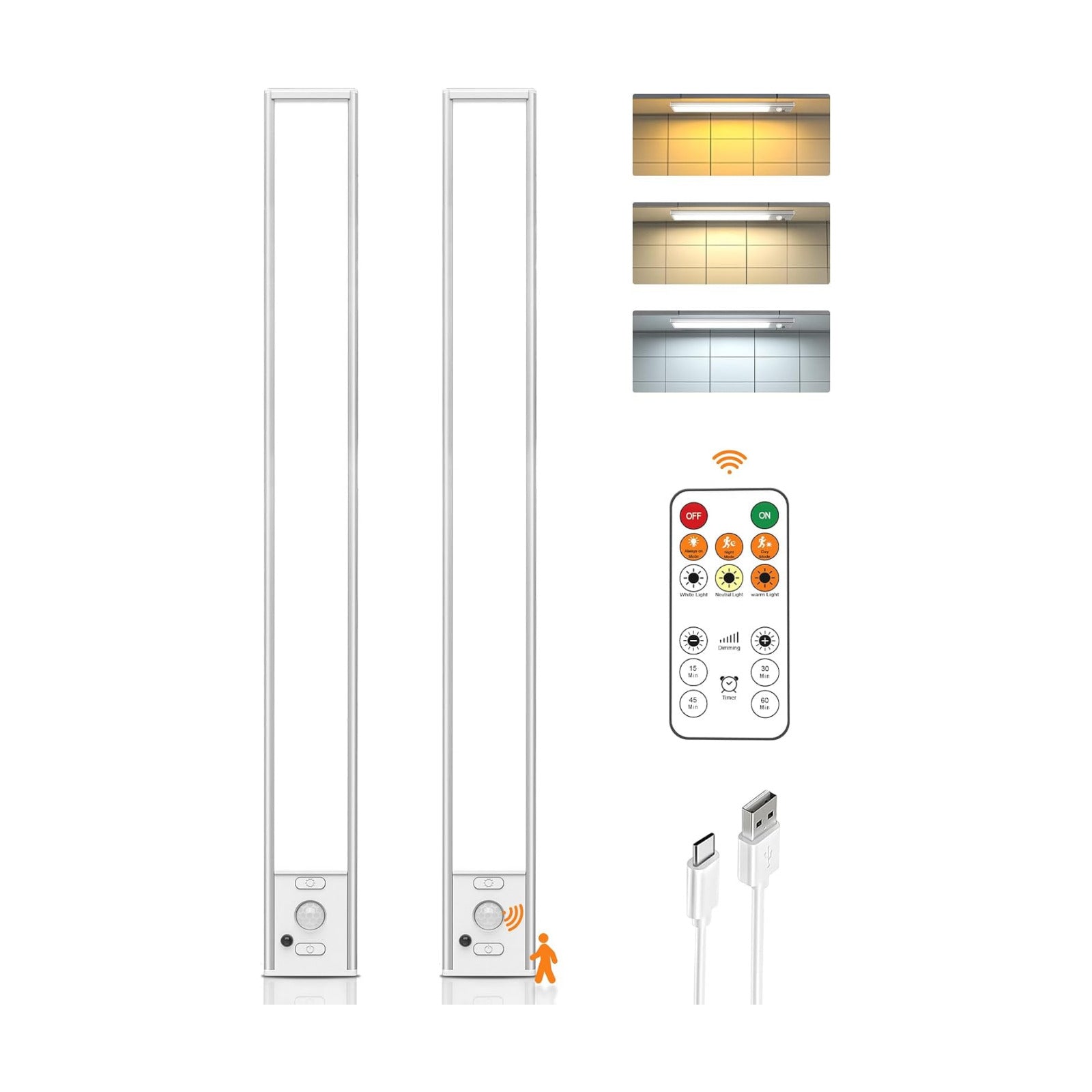 16inch Under Cabinet Lights, LED Motion Sensor Light Indoor, 4000mAh Rechargeable Closet Light with Remote, 3 Color