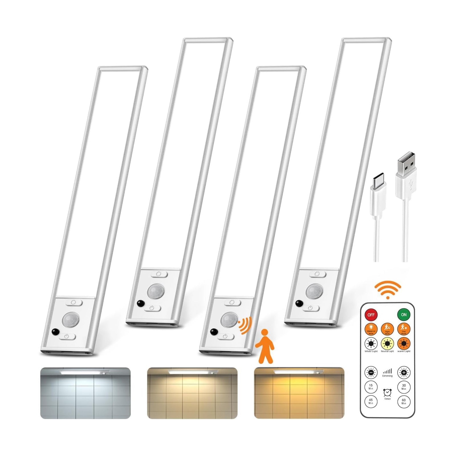 9" Under Cabinet Lighting Wireless, Motion Sensor Light Indoor with Remote, LED Rechargeable Closet Light, 3 Color