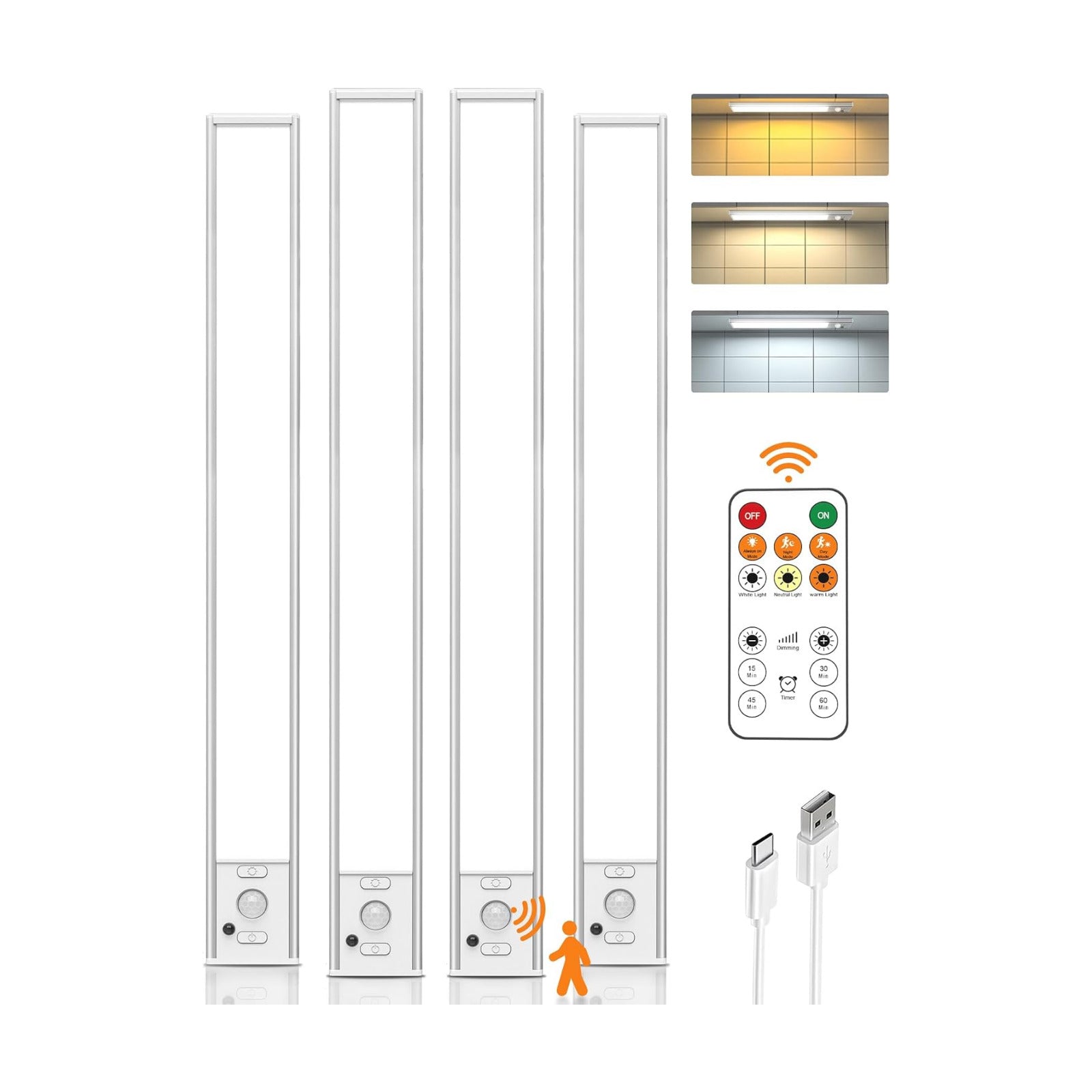 16 Inch Under Cabinet Lights, LED Motion Sensor Light Indoor, 4000mAh Rechargeable Closet Light with Remote, 3 Color