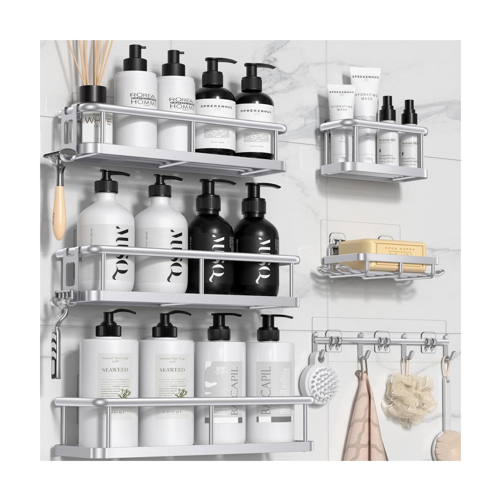 YASONIC Shower Caddy Adhesive, Rustproof Shower Organizer with Soap Holder, Large Capacity Shower Shelves for Inside