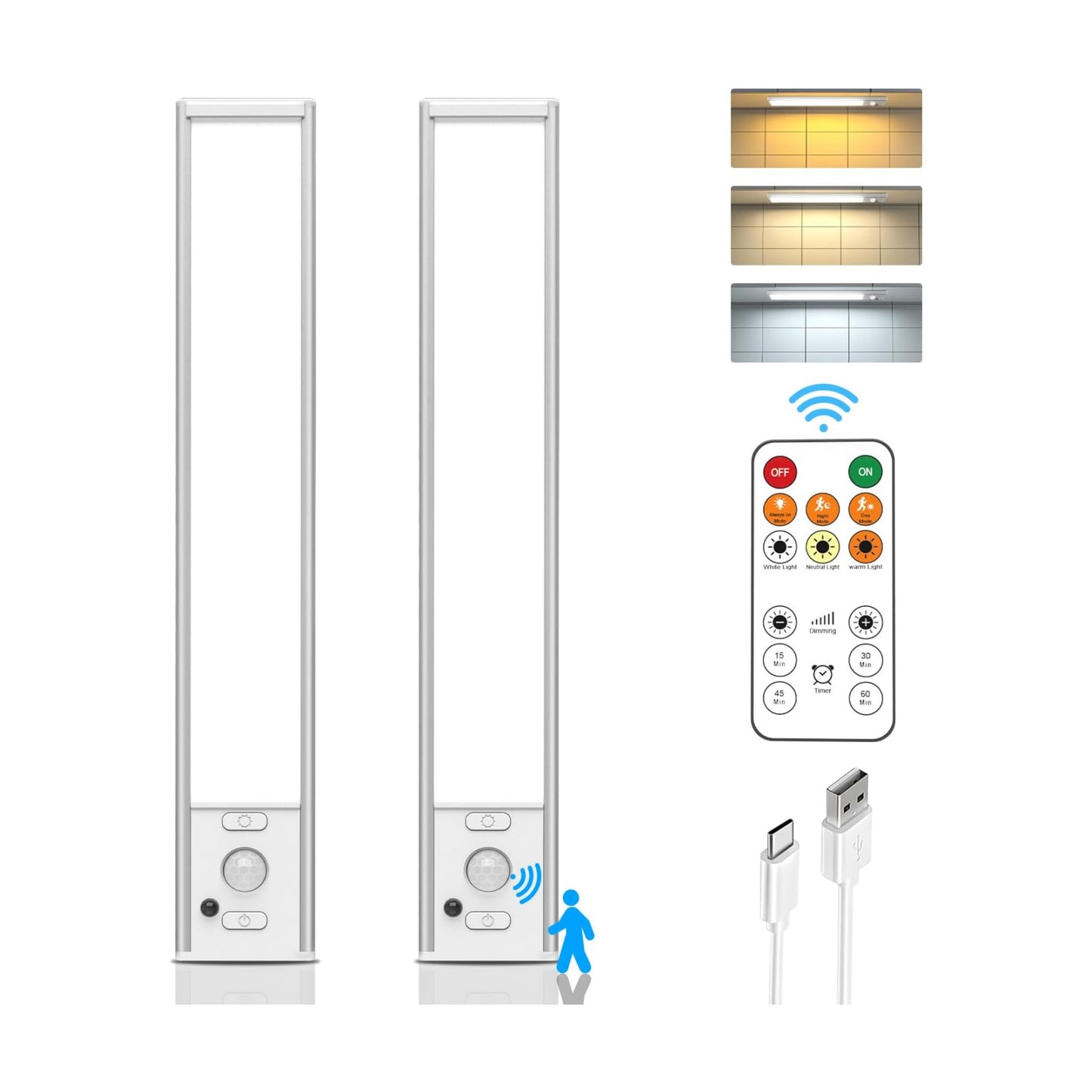 12" Under Cabinet Lights Wireless, Motion Sensor Light Indoor with Remote, LED Rechargeable Closet Light, 3 Color